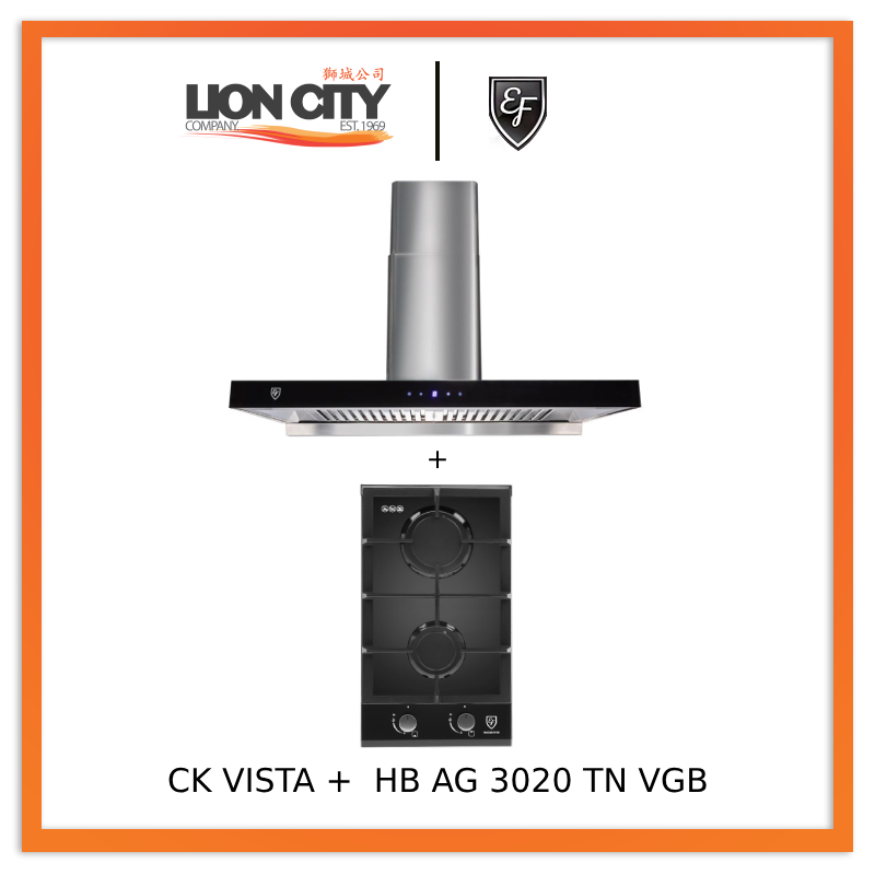 EF CK VISTA 90CM Stainless Steel Chimney Hood with EF HB AG 3020 TN VGB Built-in Gas Hob - Modern Kitchen Ventilation System for Home Cooking & Professional Chefs