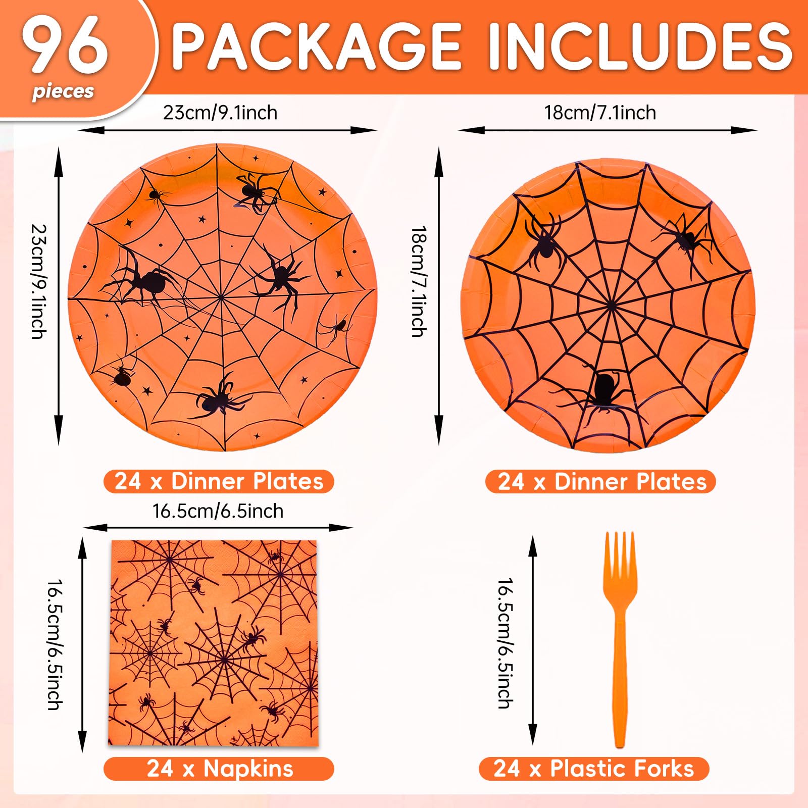 96-Piece Halloween Spider Web Disposable Tableware Set - Orange Paper Plates, Napkins & Forks for Spooky Parties, Birthday Decor - Serves 24 | Perfect for Halloween Dinners, Themed Events & Scary Decorations