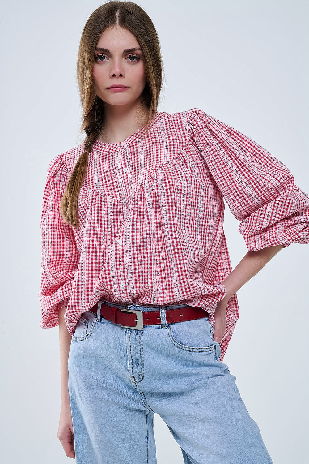 Red and White Vichy Check Floral Print Sleeveless Collarless Blouse for Women - Perfect for Casual Outings, Summer Dresses & Office Wear