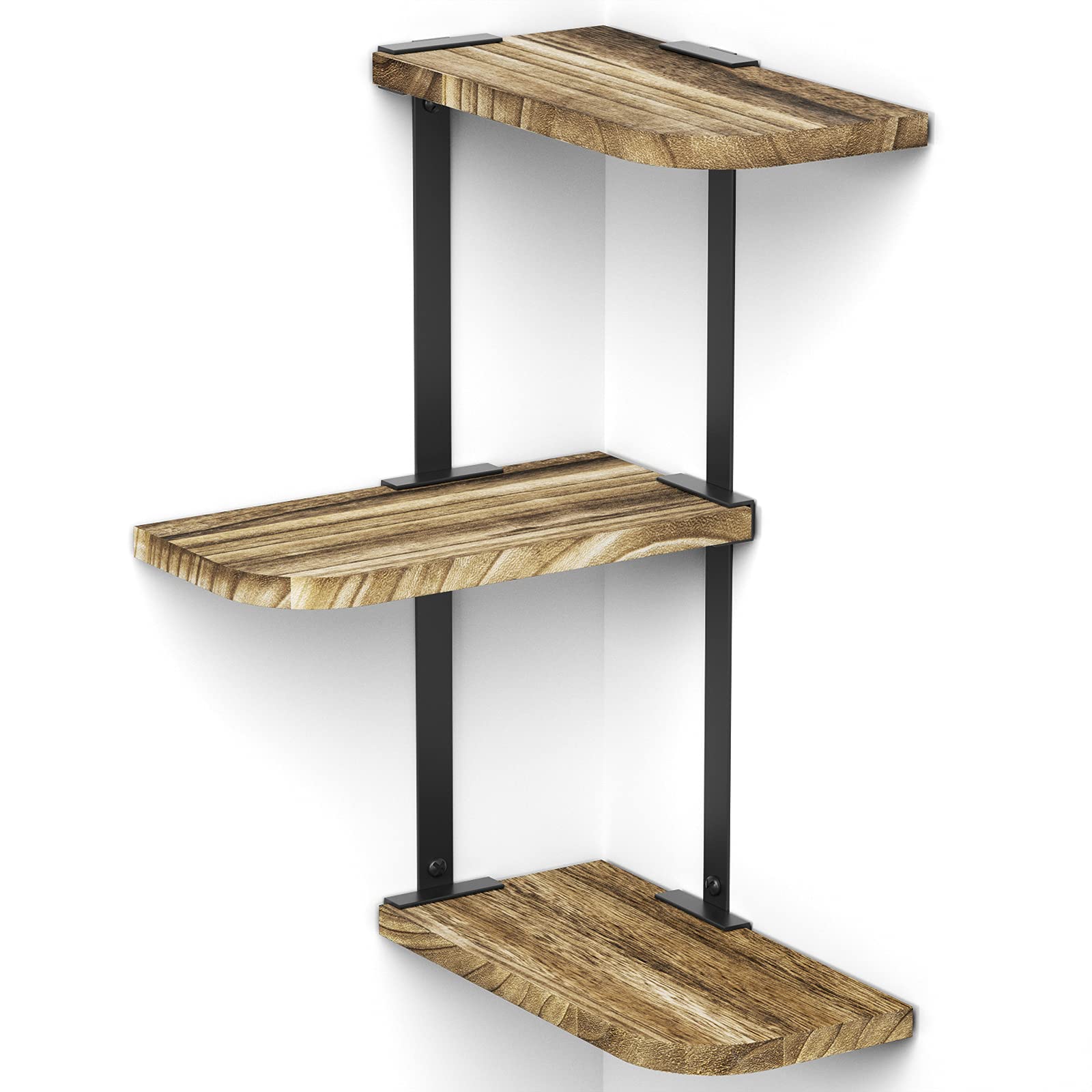 3-Tier Rustic Wood Floating Corner Shelf Wall Mount - Carbonized Black | Space-Saving Storage for Bedroom, Living Room, Bathroom, Kitchen & Office | Perfect for Displaying Decor, Books & Essentials