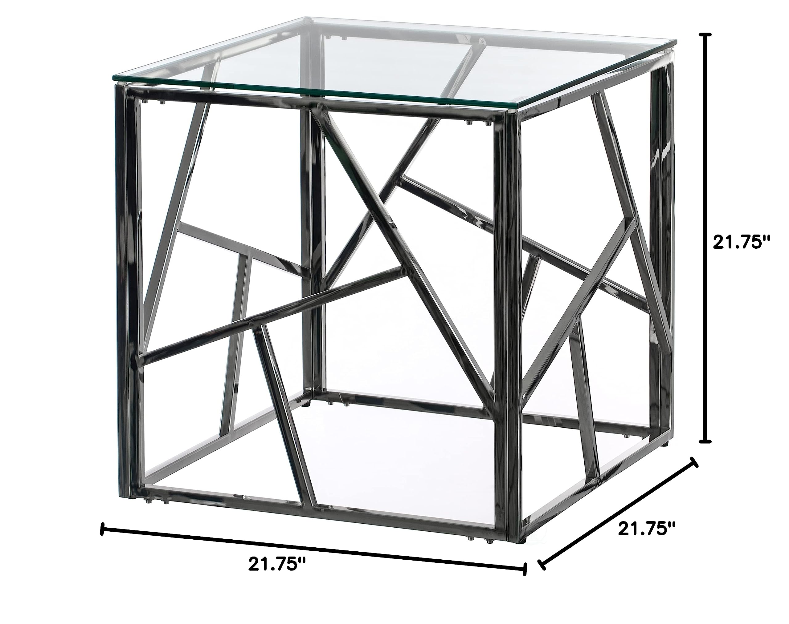Modern Square End Side Table with Tempered Glass Top - Silver Metal Coffee Table for Living Room, Bedroom & Office Decor
