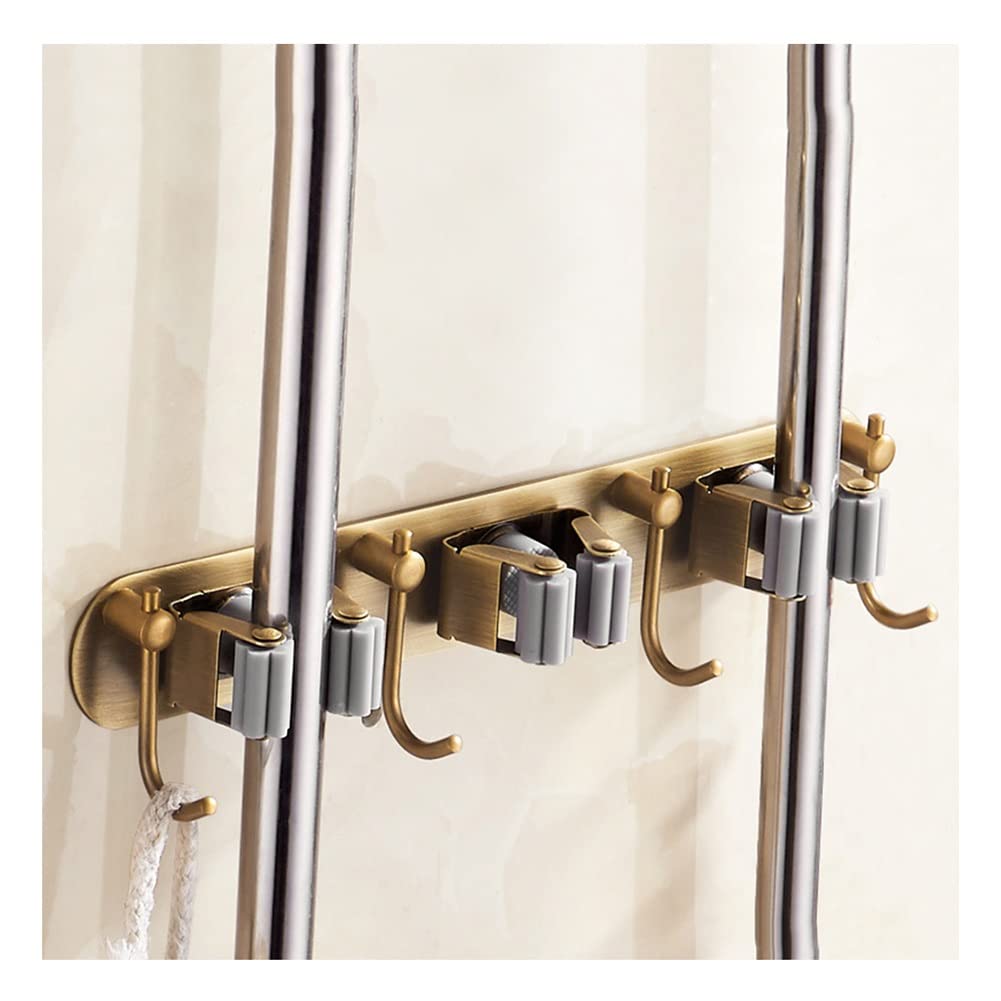 YYFANGYF Stainless Steel Wall-Mounted Broom and Mop Holder - No Drill Installation, 3-Slot Cleaning Tool Organizer for Garage, Kitchen, Bathroom & Garden (Gold) - Space Saving Storage Solution for Brooms, Mops & Cleaning Supplies