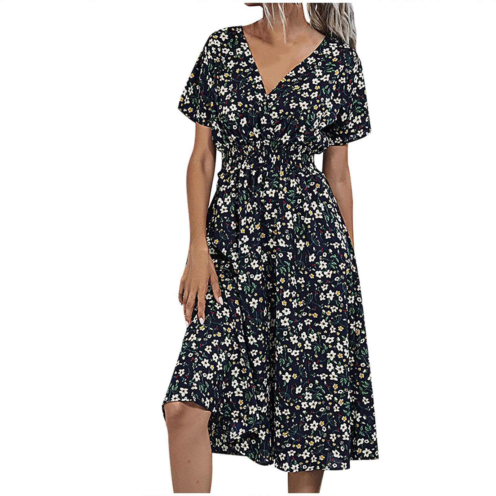 Women's Summer Floral Dress - Casual Short Sleeve V-Neck Slim Fit Dress for Beach, Vacation & Outdoor Activities
