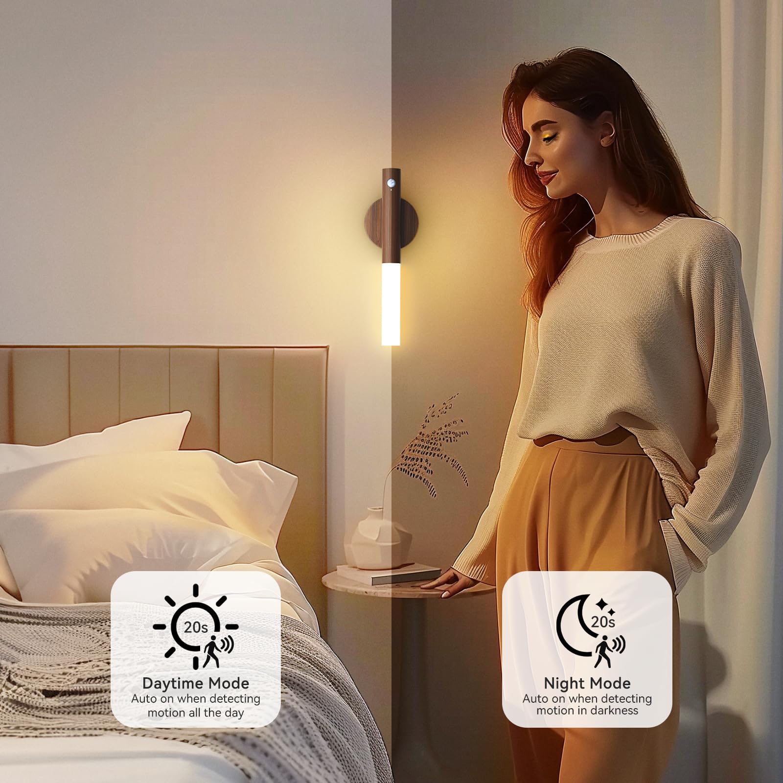 Rechargeable Motion Sensor Night Lights - 2200mAh Battery Operated Wall Sconces, Wireless Magnetic Stair Lights with Wooden Design for Hallway, Bedroom & Staircase | Portable Indoor Lighting Solution for Safety & Convenience