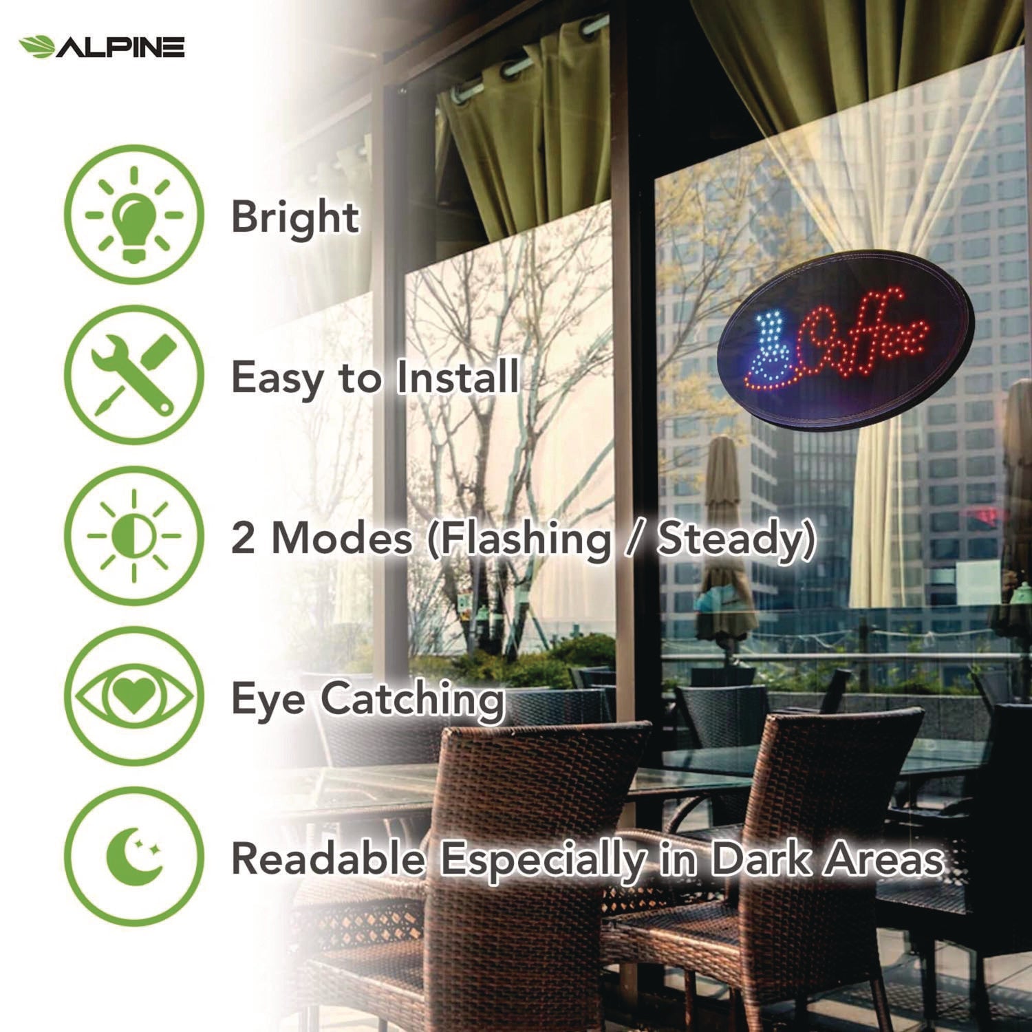 Alpine Industries LED Oval Coffee Sign - 23x14 Inches, Black Frame with Blue & Red Graphics - Perfect for Cafes, Restaurants & Home Decor