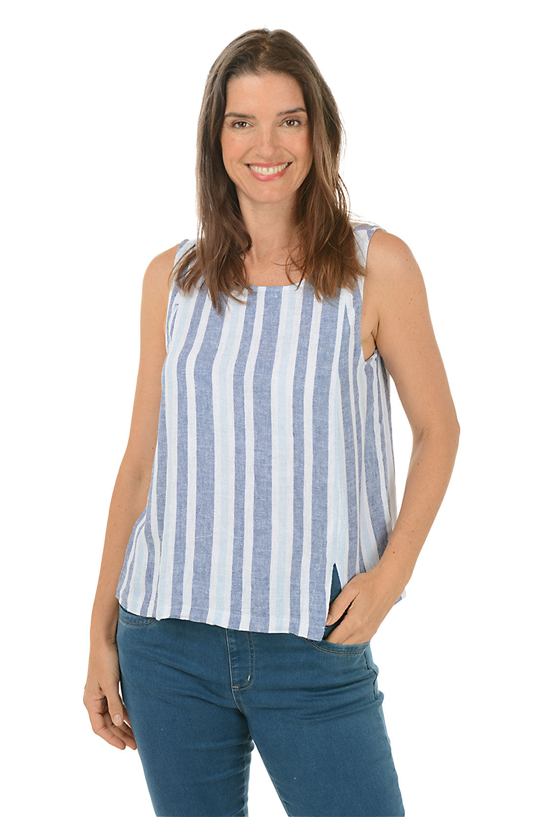 Stylish Striped Linen Blend Sleeveless Blouse for Women - Summer Casual Top for Office, Beach & Date Night