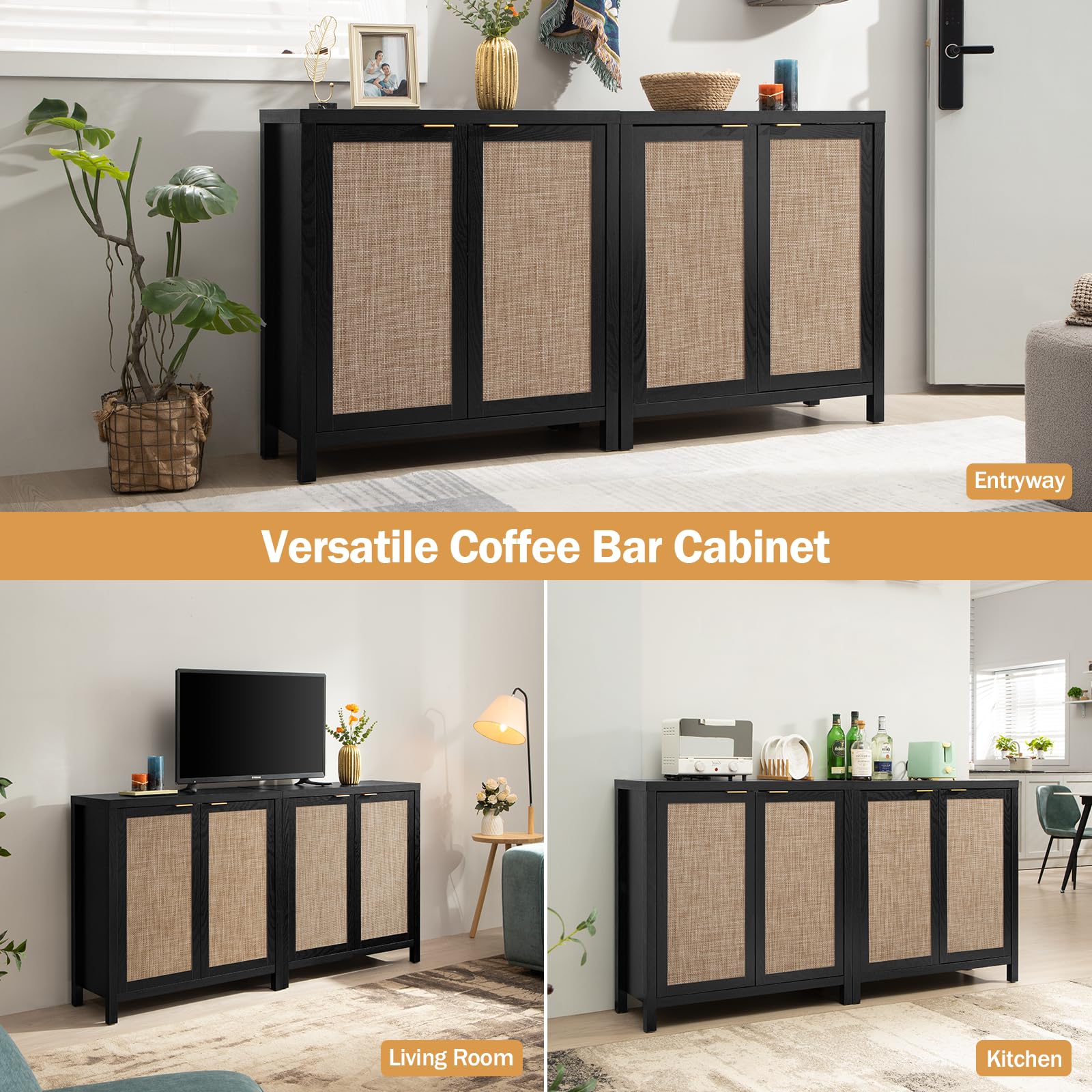 SICOTAS 2-Piece Black Boho Rattan Sideboard Buffet Cabinet with Storage - Modern Accent Coffee Bar Console for Dining Room, Living Room, Entryway & Kitchen - Perfect for Home Decor, Entertaining & Extra Storage Space