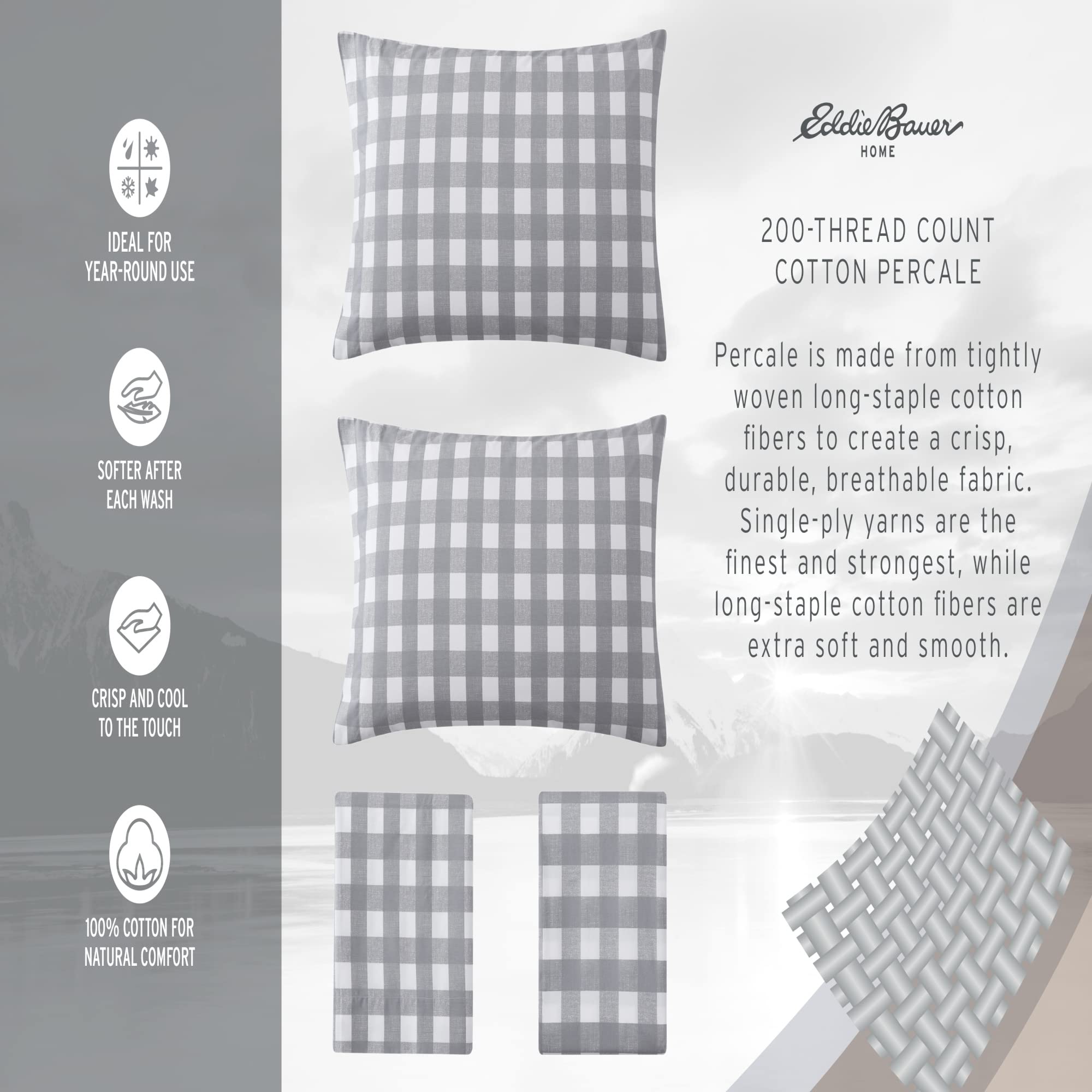 Eddie Bauer Queen Size Cotton Percale Sheet Set - Light Blue Ticking Stripe Bedding for Cool & Comfortable Sleep - Perfect for Master Bedroom, Guest Room & Vacation Homes