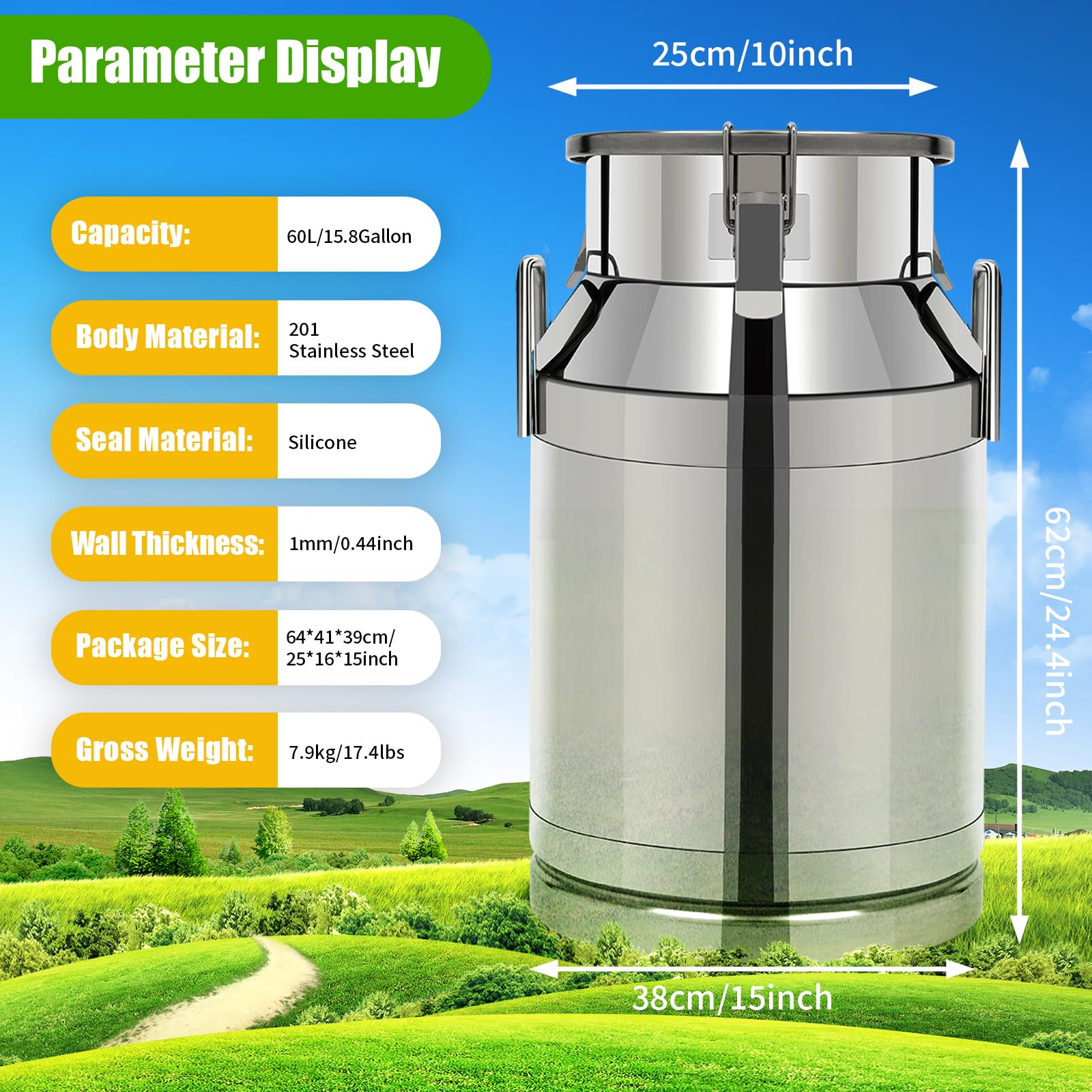 LOYALHEARTDY 60L/15.8 Gallon Stainless Steel Milk Can with Lid - Airtight Universal Metal Storage Jug for Liquids, Solids & Ice - Perfect for Kitchen, Restaurant, Camping & Farm Use
