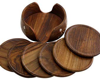 Handmade Wooden Tea Coaster Set with Stand - Brown Lotus Design for Dining Table & Office Serving Tray - Perfect for Tea Parties, Coffee Breaks & Home Decor