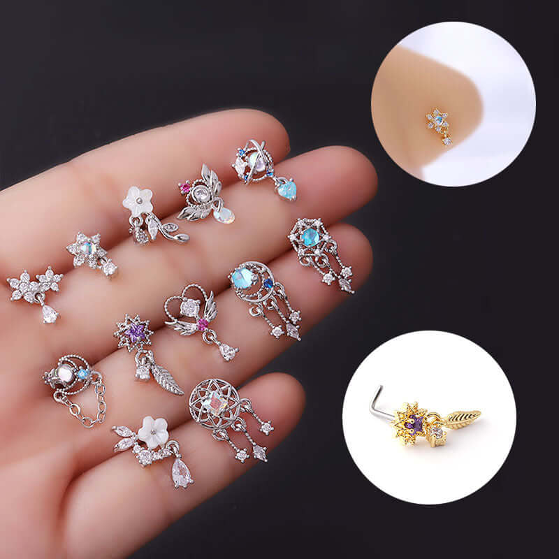 20G Silver Dangle Nose Ring with Dream Catcher Charm - Hypoallergenic Nose Stud for Women | Perfect for Piercing Jewelry, Boho Fashion & Festival Accessories