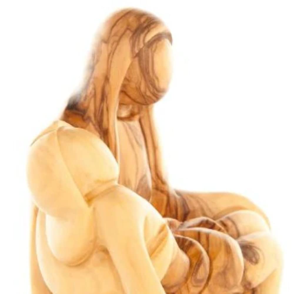 Hand Carved Olive Wood Pieta Statue - Abstract Virgin Mary Sculpture - Religious Home Decor & Catholic Gift for Christmas, Baptism, or Prayer Altar