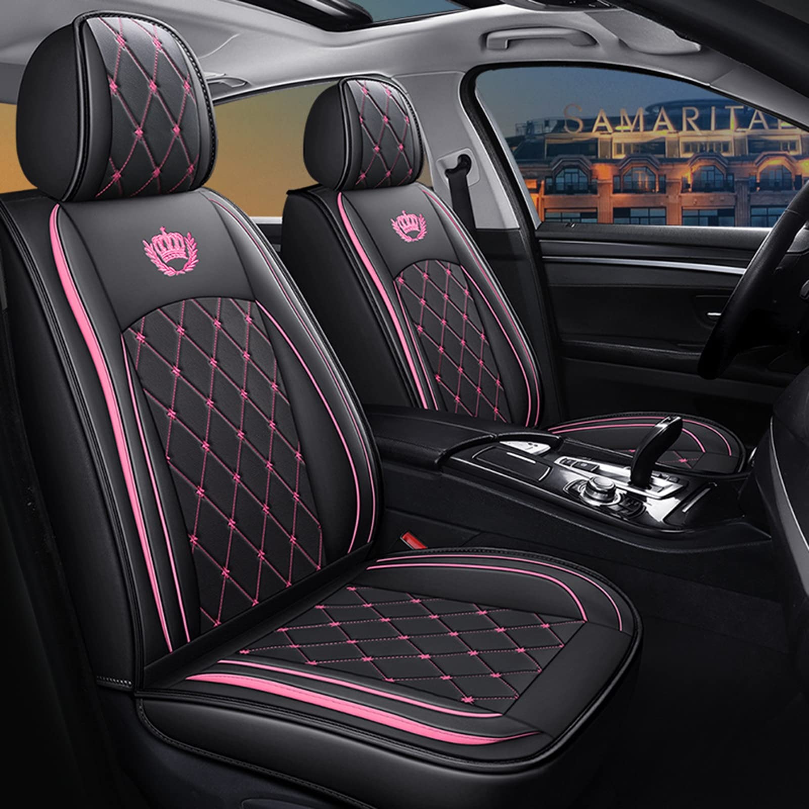 YUYTIN Car Seat Cushion - Breathable Wear-Resistant Leather & Ice Silk Fully Enclosed Seat Cover | Universal All-Season Car Accessory (Black/Pink) | Perfect for Commuting, Road Trips & Long Drives