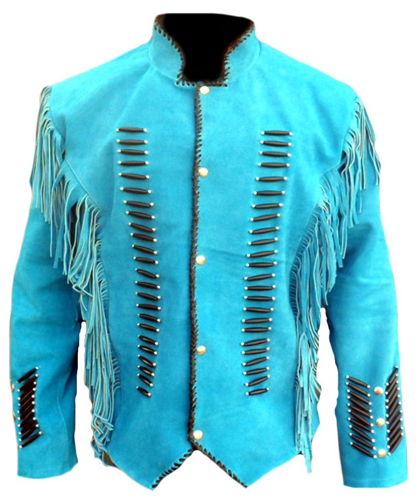 Classyak Men's Native Indian Western Suede Jacket with Fringes & Bones - Stylish Cowboy Outfit for Rodeo, Halloween Costume & Western Fashion
