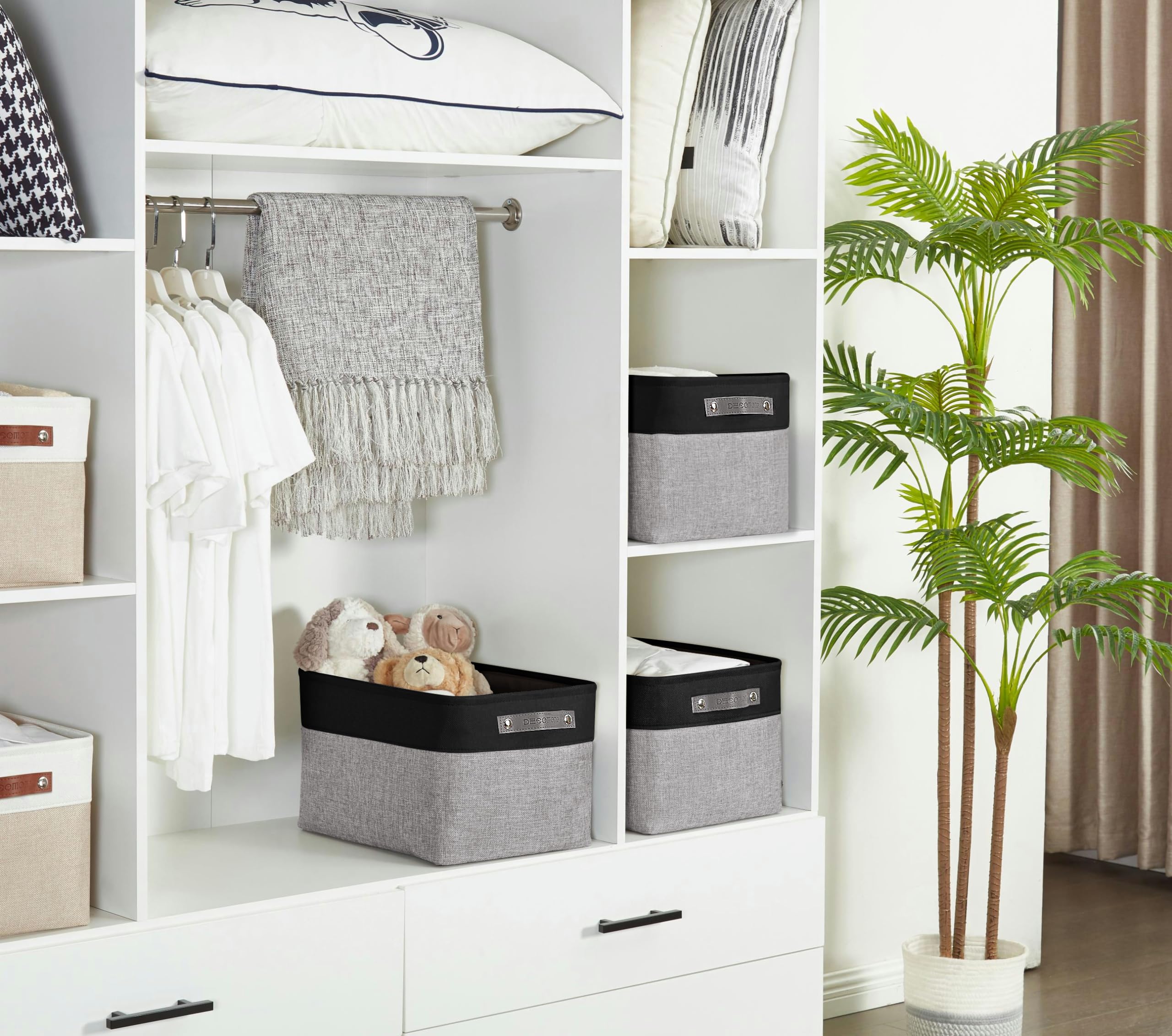 DECOMOMO Fabric Storage Bins - Large 4-Pack Grey & Black Storage Baskets for Shelves, Closet Organization, Toys, Nursery - Perfect for Home, Office & Kids Room Storage Solutions