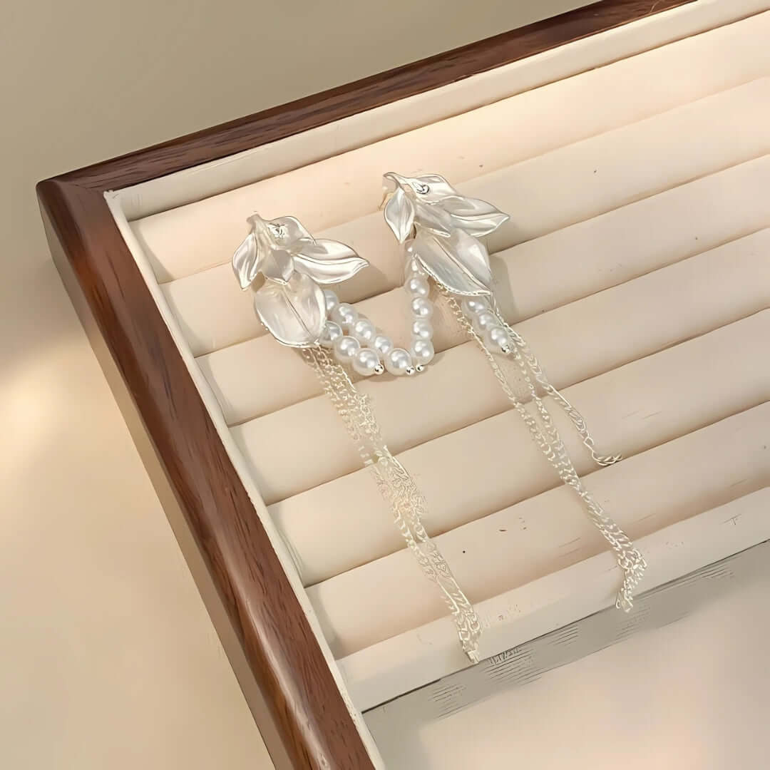 Ivory Pearl Leaf Link Chain Drop Earrings for Women | EH338 | Elegant Dangle Earrings for Wedding, Party & Evening Wear