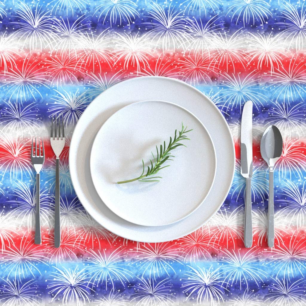 Premium Cotton Sateen Tablecloth 70x120 Inches - Small Scale America Watercolor Fireworks Patriotic Design (Red White Blue) for July 4th, Independence Day & Summer BBQs - Washable Custom Table Linens for Dining Room & Outdoor Parties