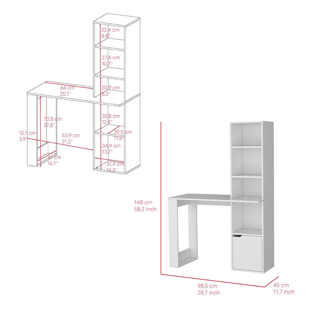 Aragon White Office Desk with 4-Tier Bookcase & Lower Cabinet - Modern Home Office Furniture for Small Spaces, Work from Home & Study Room Organization