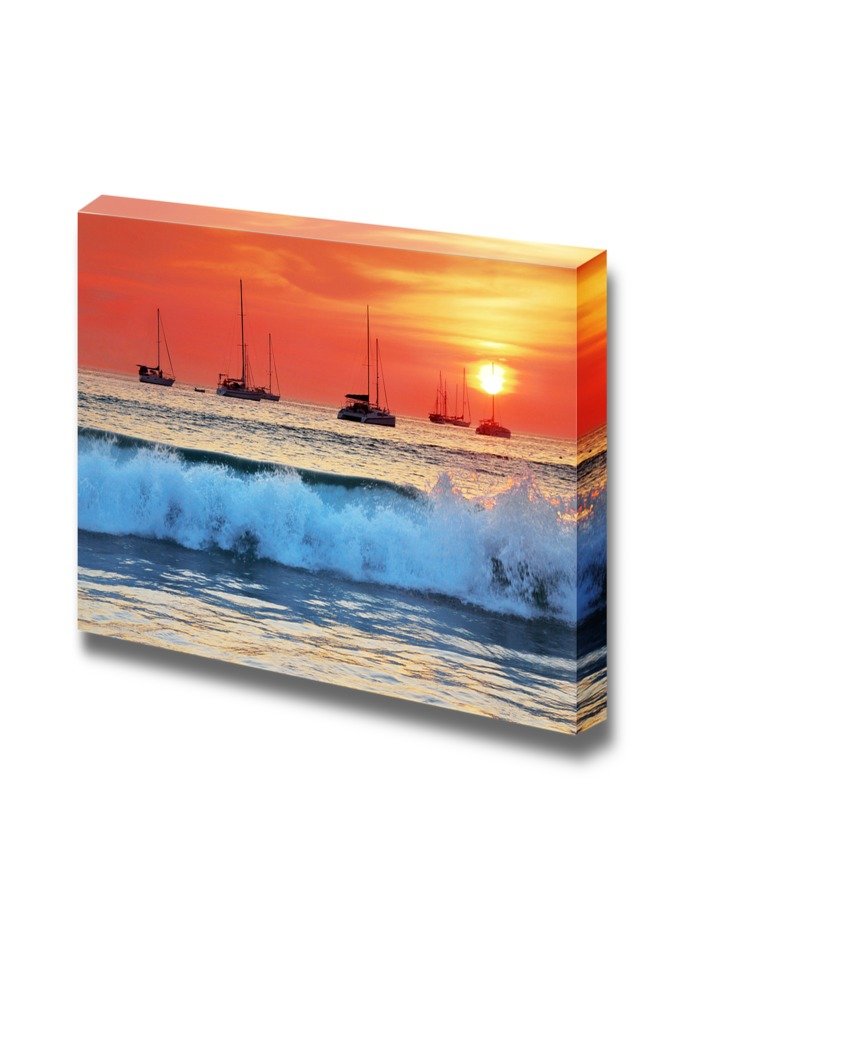 Sea Waves at Sunset Canvas Wall Art - 16x24 Inch Stretched Gallery Wrap Giclee Print, Ready to Hang | Modern Beach Decor for Living Room, Bedroom & Office | Coastal Home Decoration