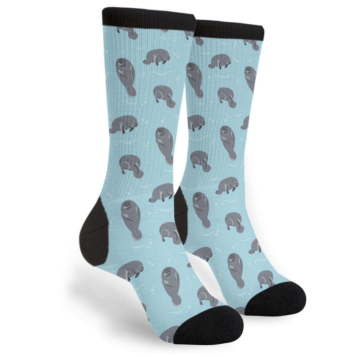 Unisex Fun Novelty Crazy Crew Socks with Jumping Manatee Print - Comfortable Dress Socks for Men & Women - Perfect for Casual Wear, Gifts, and Costume Parties