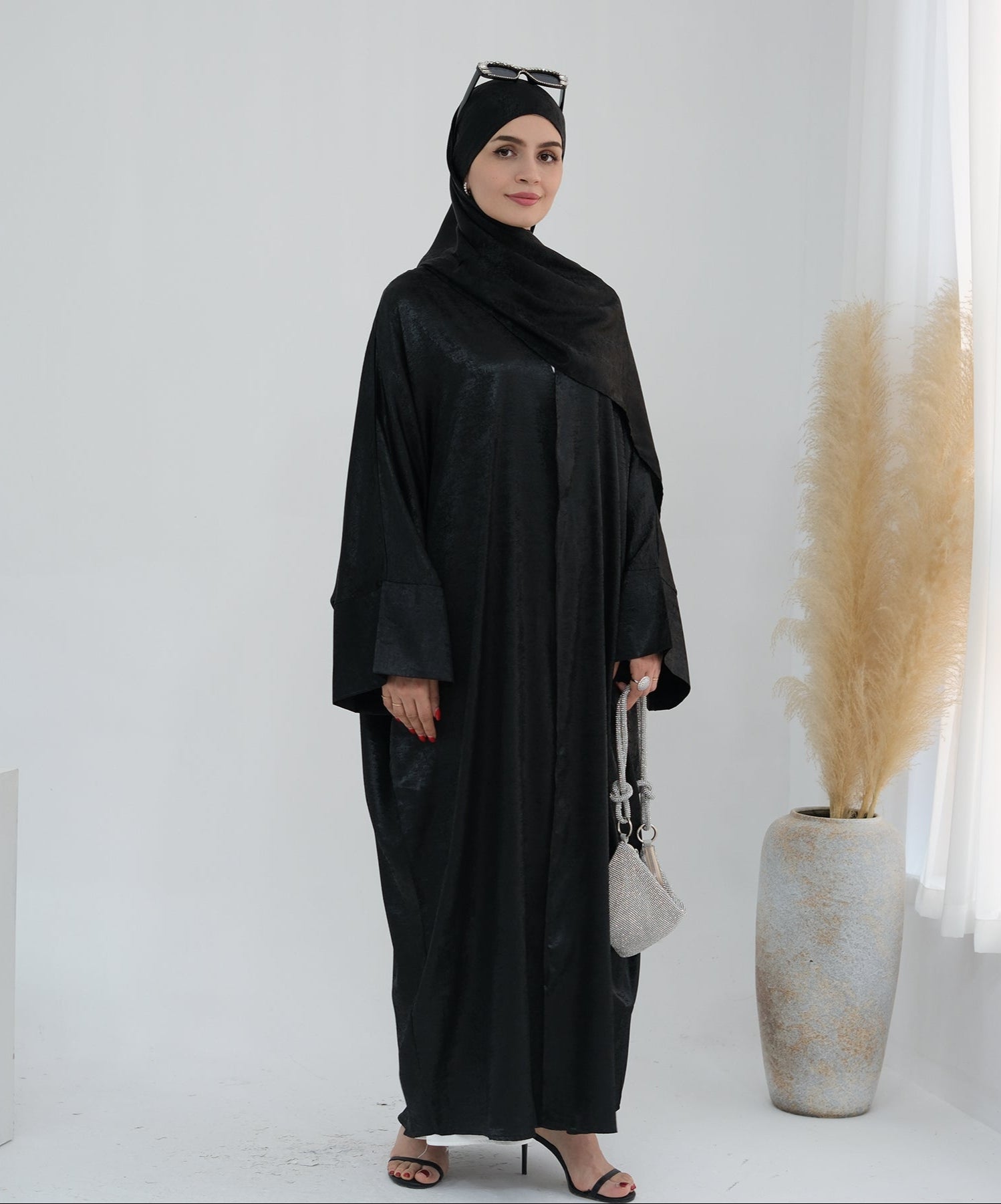Draya Shimmer Kimono Open Abaya - Elegant Black Muslim Dress for Women | Perfect for Prayer, Evening Wear, and Special Occasions