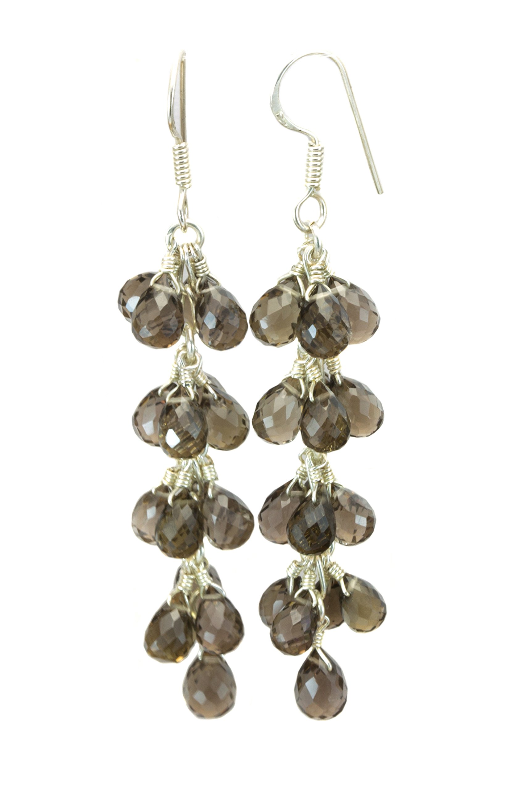 Sterling Silver Smoky Quartz Chandelier Earrings - Long Teardrop Cluster Dangle Earrings with Silver Tone Wire Accents | Perfect for Evening Parties, Weddings & Special Occasions