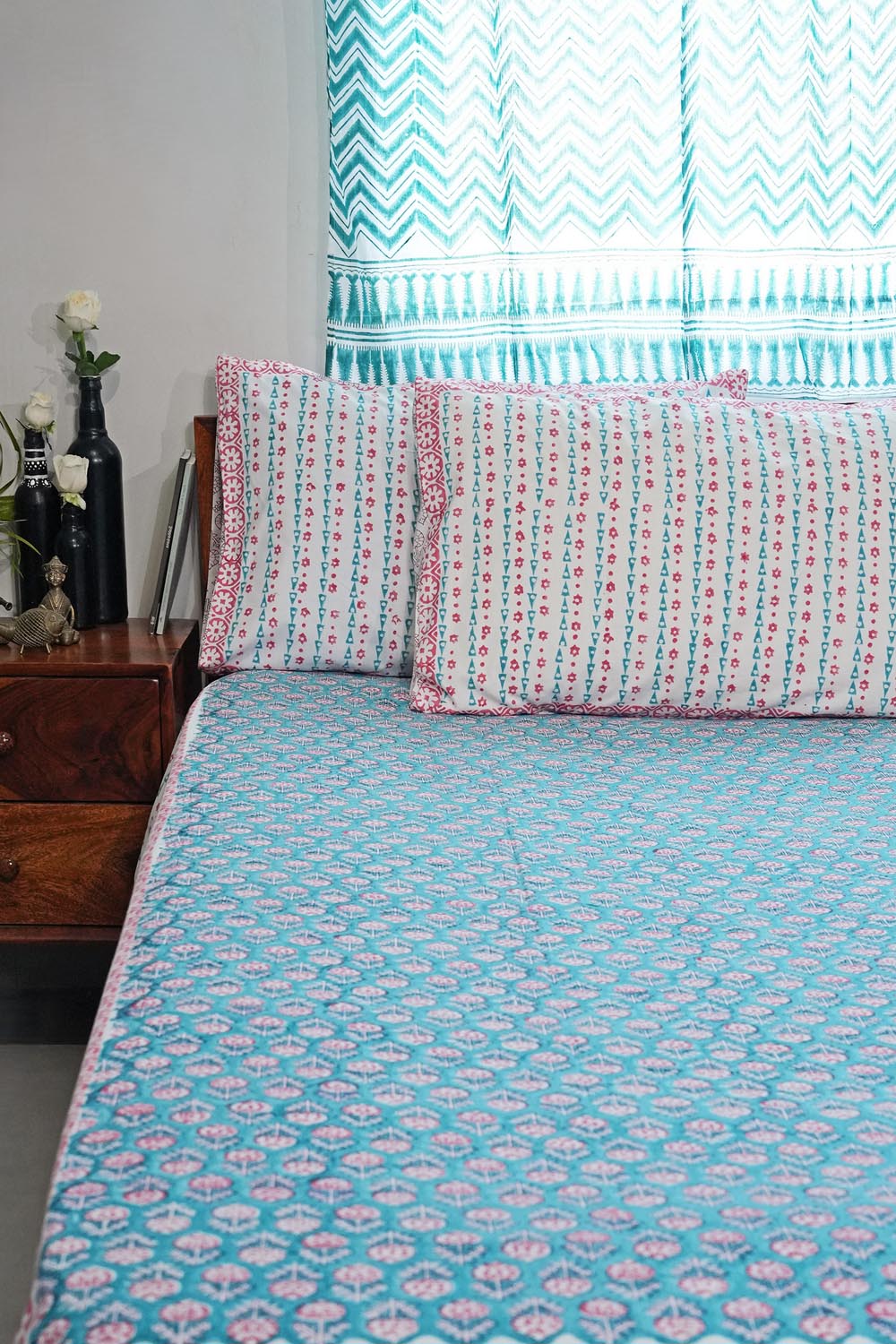Hand Block Printed Cotton Percale Bedsheet Set - 100% Organic Artisan Weave Bedding - Breathable & Soft for All Seasons - Perfect for Master Bedroom, Guest Room & Dorm Decor