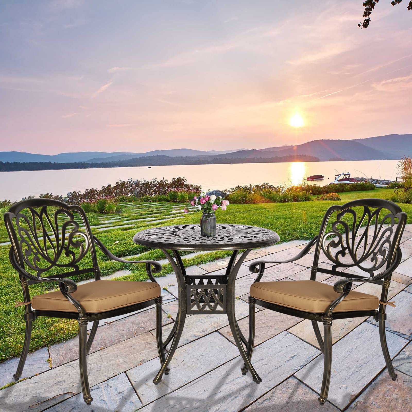 3-Piece All-Weather Cast Aluminum Outdoor Patio Dining Set with 2 Cushioned Chairs & 31