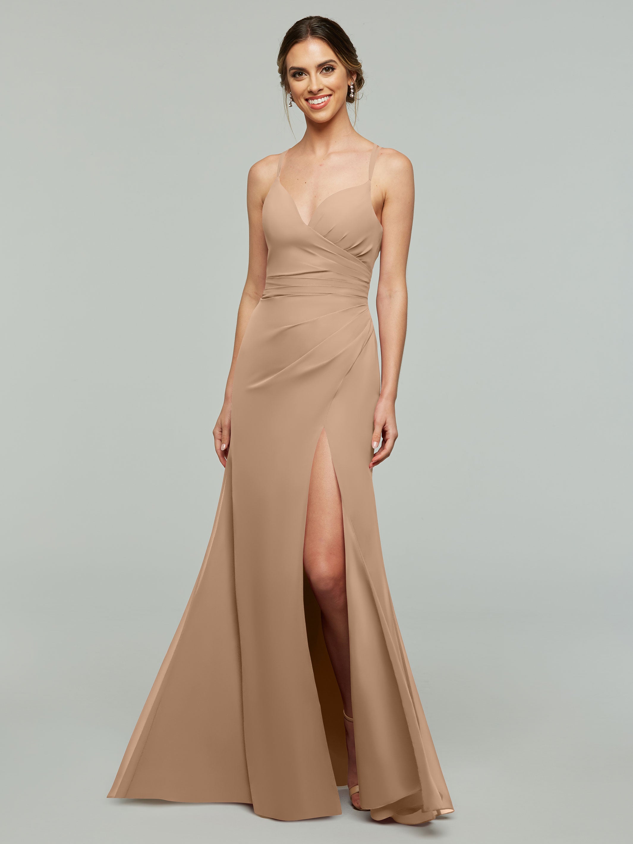Elegant 80130 Chiffon Sheath Bridesmaid Dress with V-Neck & High Slit - Perfect for Weddings, Formal Events & Evening Parties