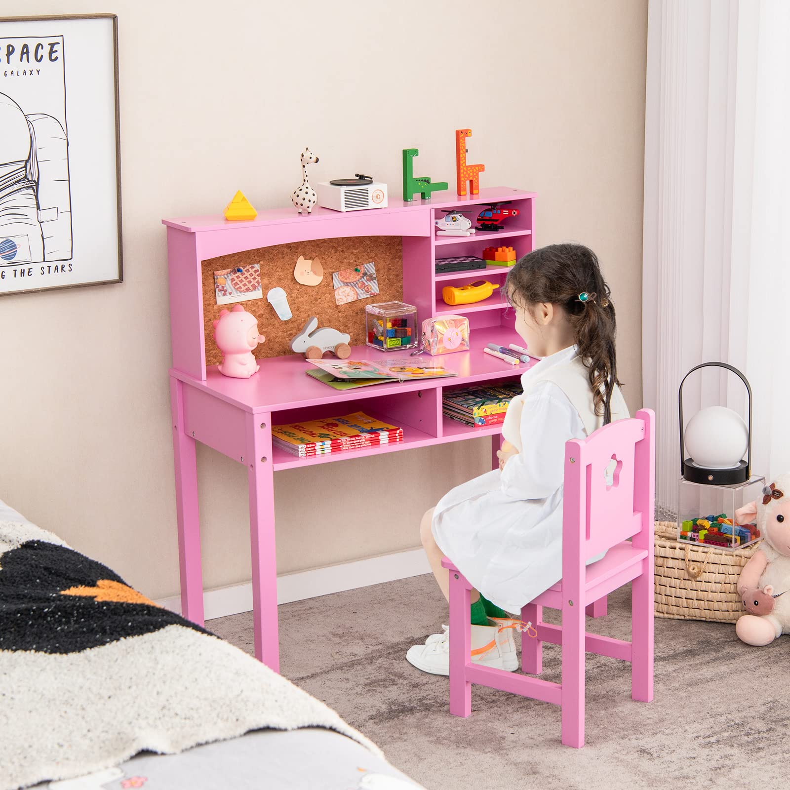 Costzon Kids Desk and Chair Set - Adjustable Wooden Study Desk with Storage Hutch, Cork Bulletin Board & Bookcase | Ergonomic Student Writing & Computer Workstation for Bedroom, Study Room & Homeschooling - Pink (Perfect for Remote Learning & Homework Organization)