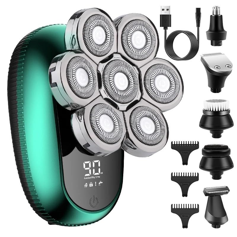 6-in-1 Electric Head Shaver for Bald Men with 7D Floating Cutter - USB Rechargeable Beard Trimmer & Clipper - Perfect for Smooth Head Shaving at Home, Gym, or Travel