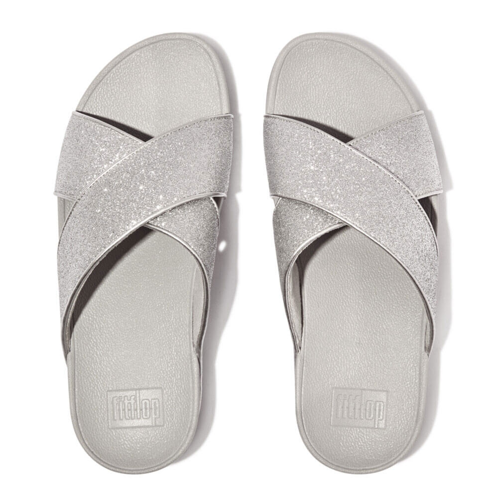 FitFlop Lulu Glitterdust Metallic Slide Sandals for Women - Comfortable Summer Beach Slides with Arch Support | Perfect for Poolside, Vacation & Casual Outfits (Silver)