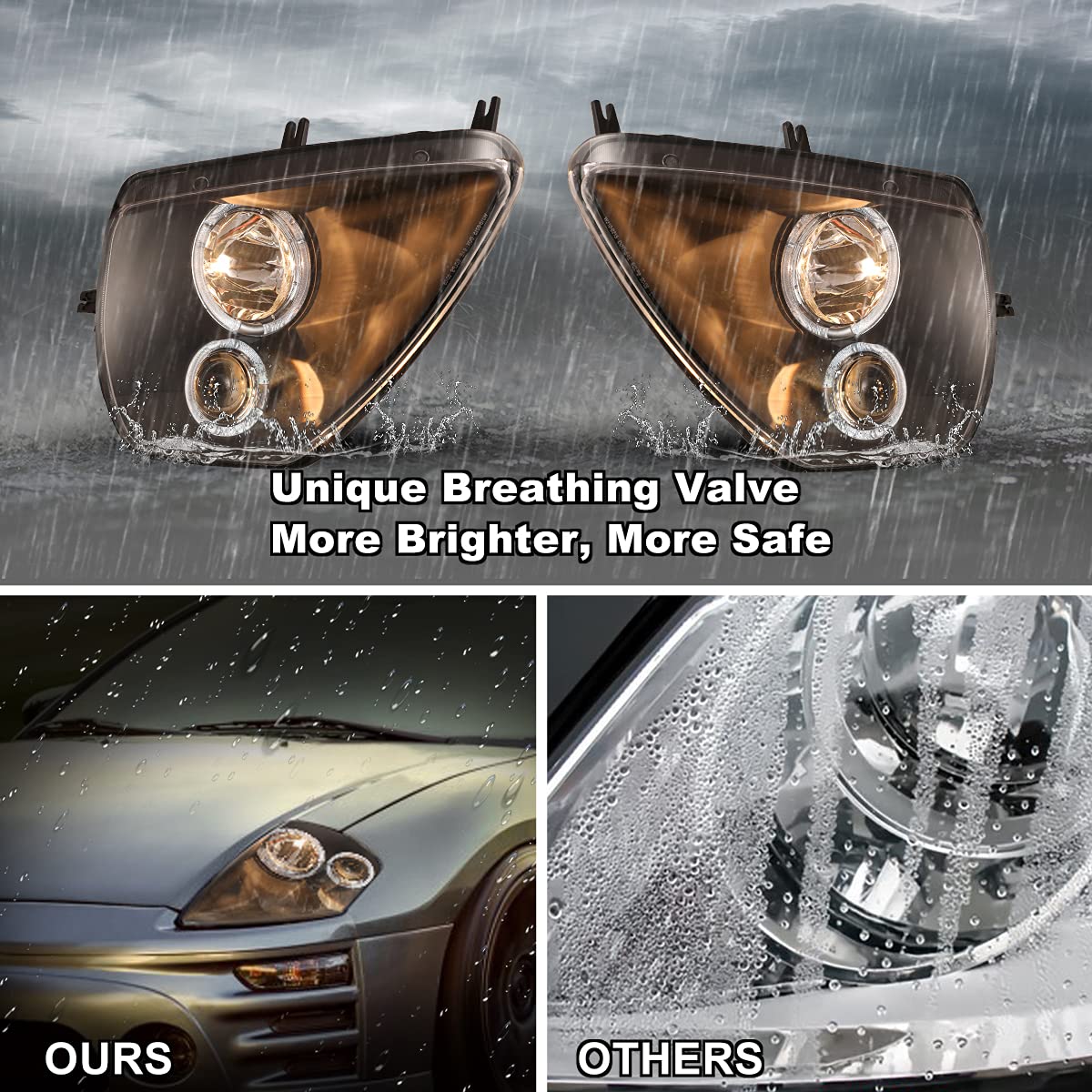 ROXX Halo Projector Headlights Assembly for 2000-2005 Mitsubishi Eclipse - Dual Beam, Clear Lens, Black Middle Board (Driver & Passenger Side) | Enhanced Night Visibility & Stylish Upgrade for Your Car