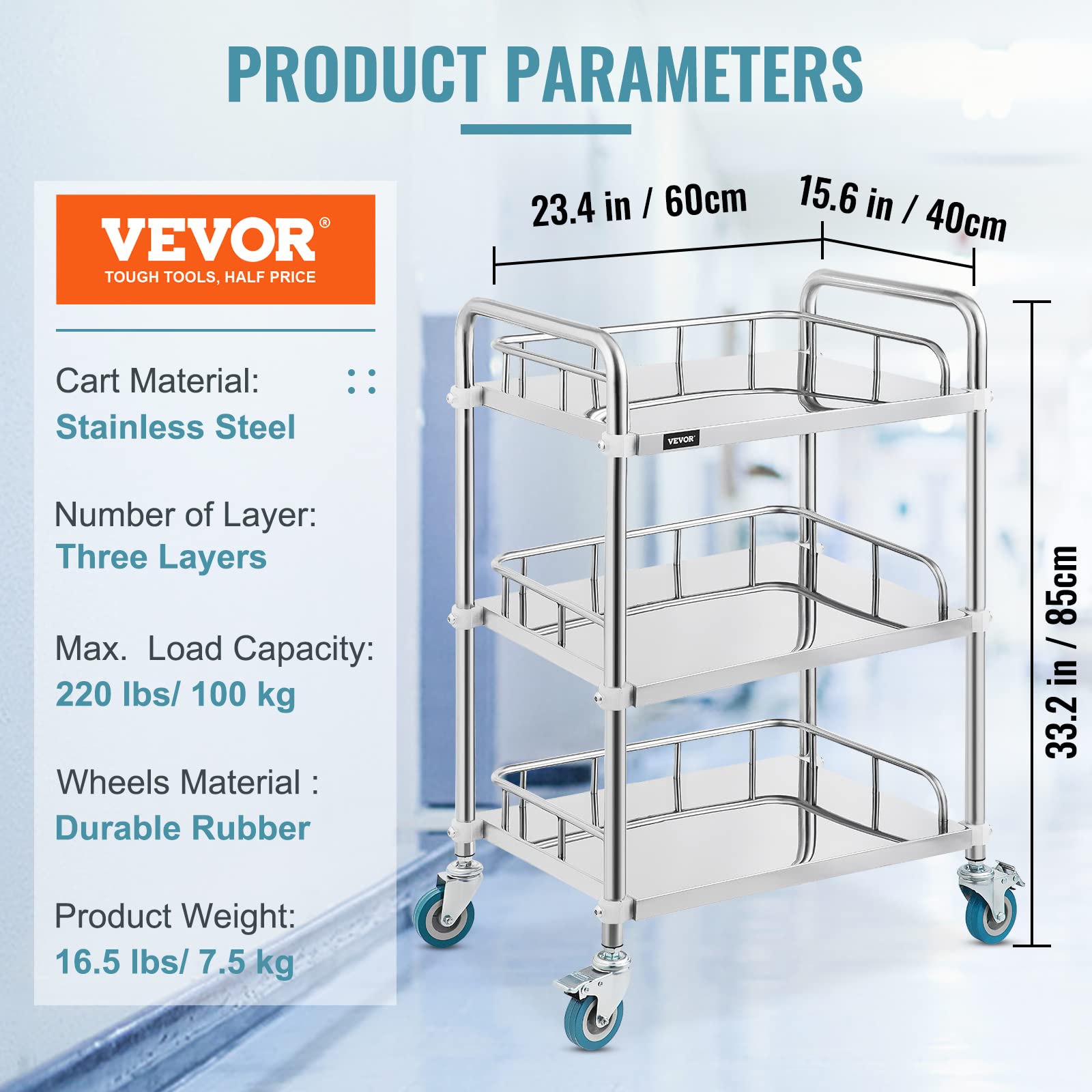 VEVOR 3-Tier Stainless Steel Utility Cart with Wheels - Heavy Duty Rolling Cart for Commercial Kitchen, Restaurant, Medical, Dental & Lab Use - Mobile Serving Cart for Catering, Dining & Hospital Services