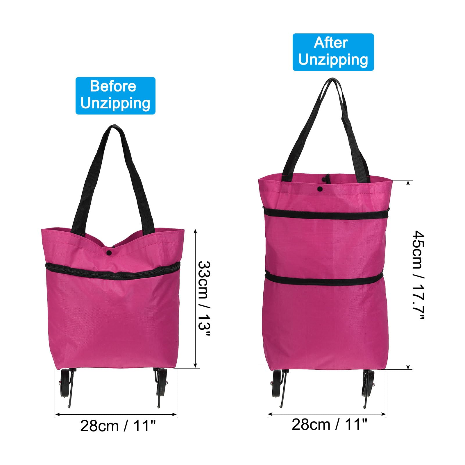 Foldable Shopping Cart with Wheels 13-18 Inch - Collapsible Grocery Trolley Bag for Vegetables, Fruits & Clothing Storage - Portable Travel Cart for Shopping, Market & Beach Trips - Pink