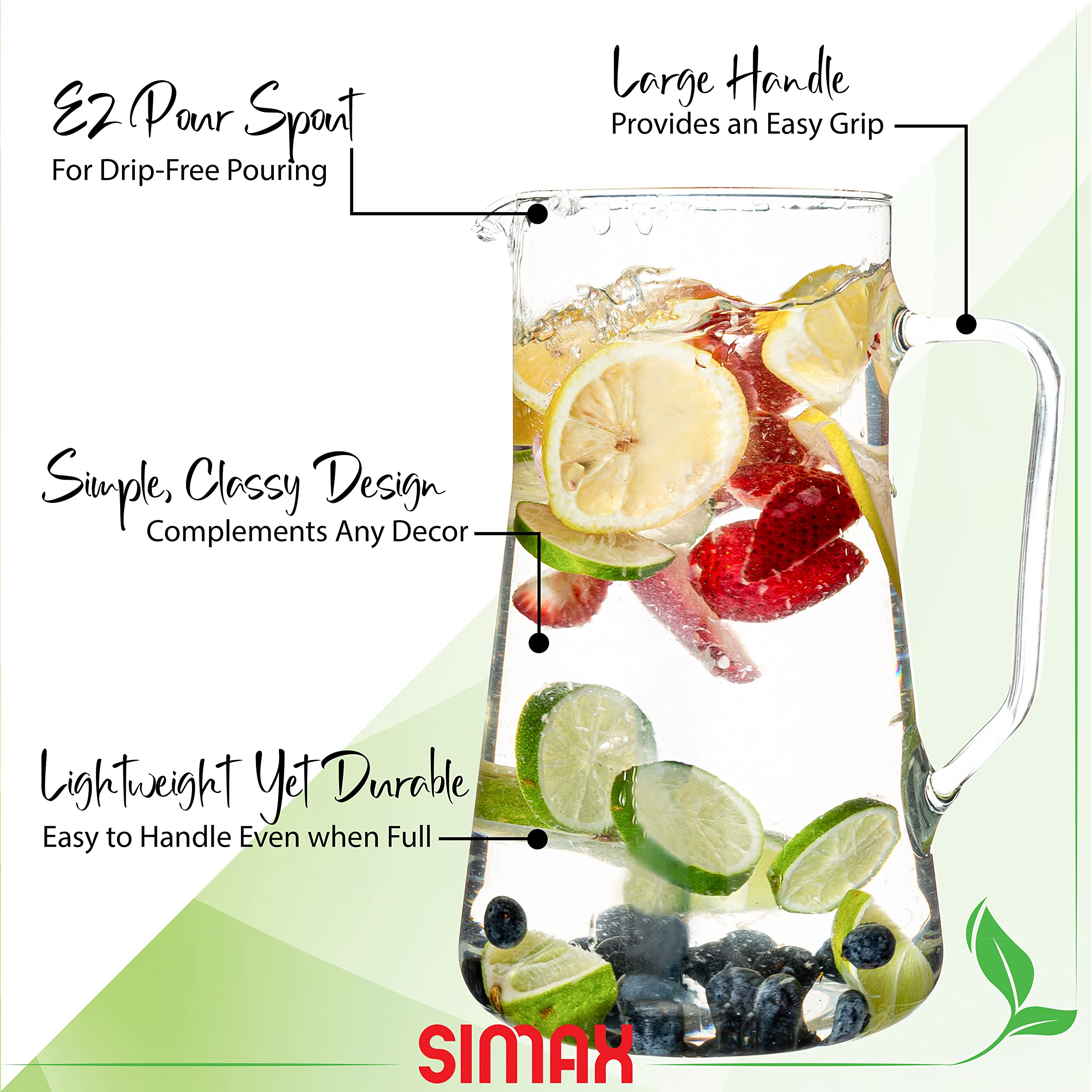 Simax 2.5 Qt (80 Oz) Borosilicate Glass Pitcher with Spout & Handle - Large Angled Cylinder Design for Sangria, Cocktails, Iced Tea & Water - Durable Heat-Resistant Pitcher for Parties, Restaurants & Home Use