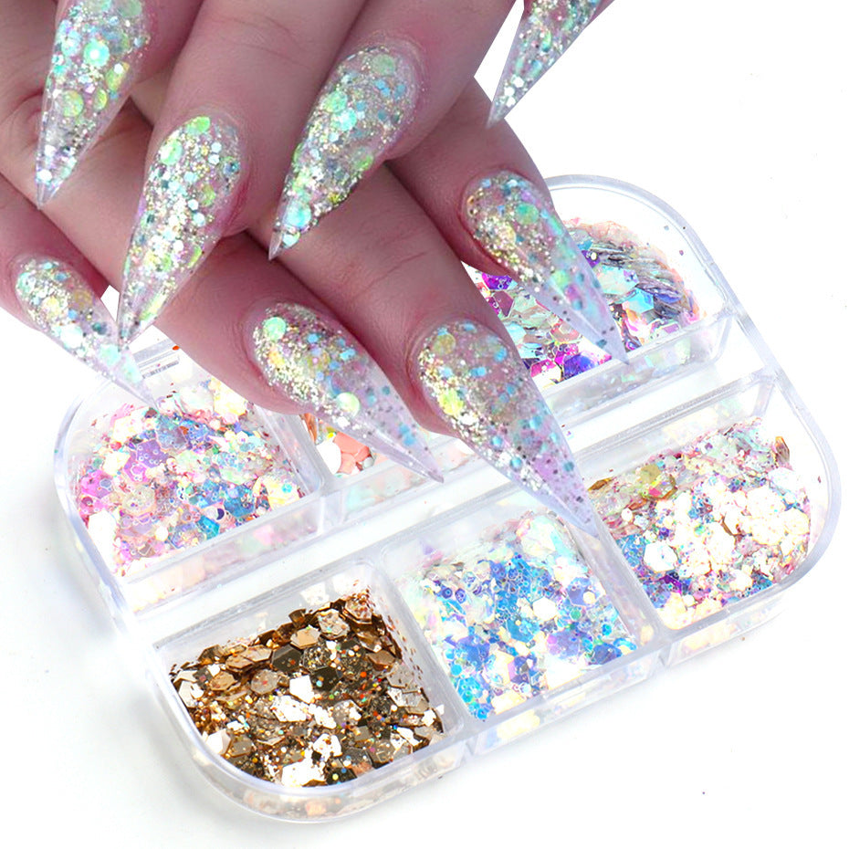 Ultra Thin Sequins Glitters Nail Art - 6 Grid Tray for DIY Nail Decoration, Manicure, Pedicure & Salon Use