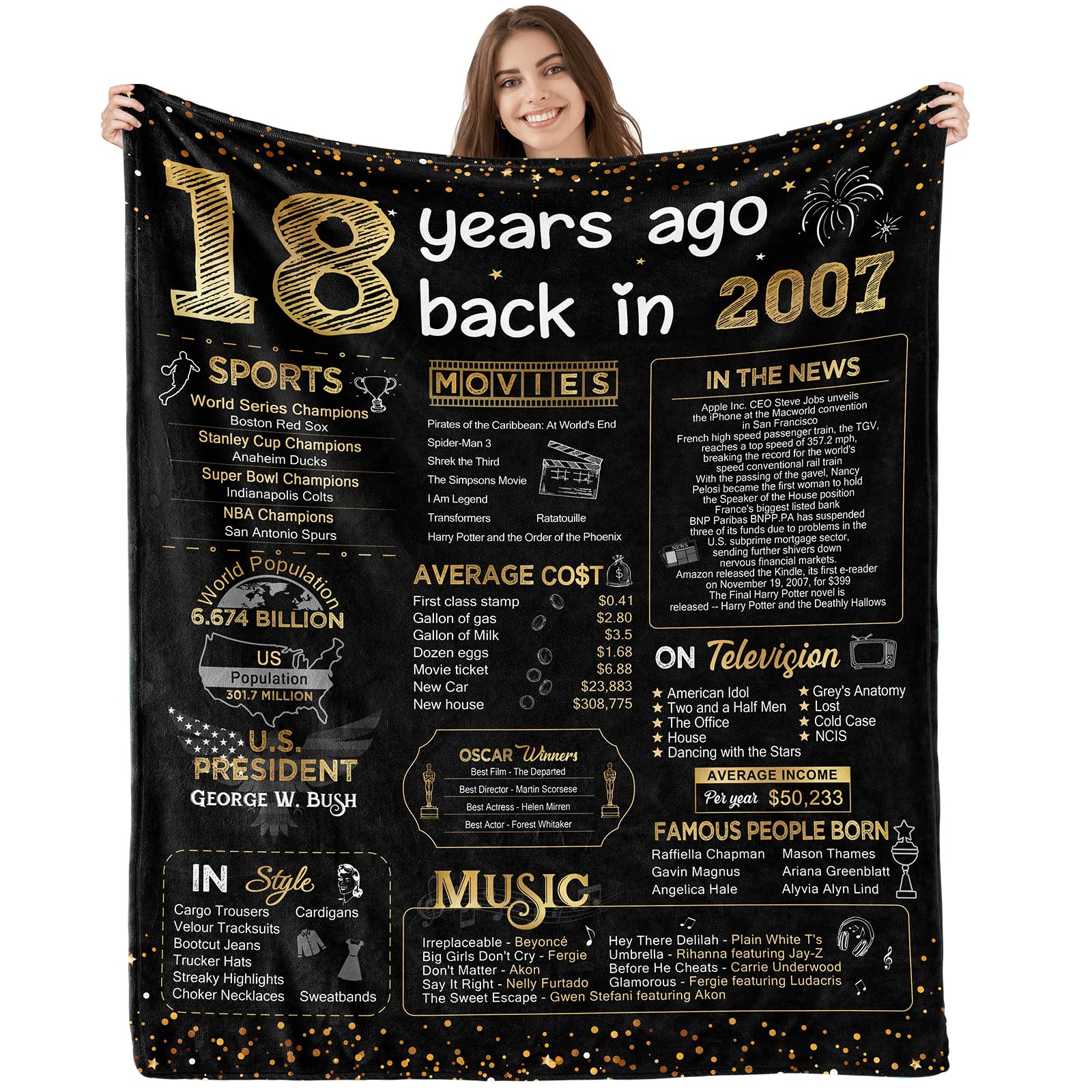 18th Birthday Gifts for Girls & Boys - Soft Throw Blanket 60x50 Inch (Gold) - Perfect for Daughter, Son, Sister & Best Friend - Great for Parties, Dorm Decor & Cozy Nights - Back in 2007 Theme