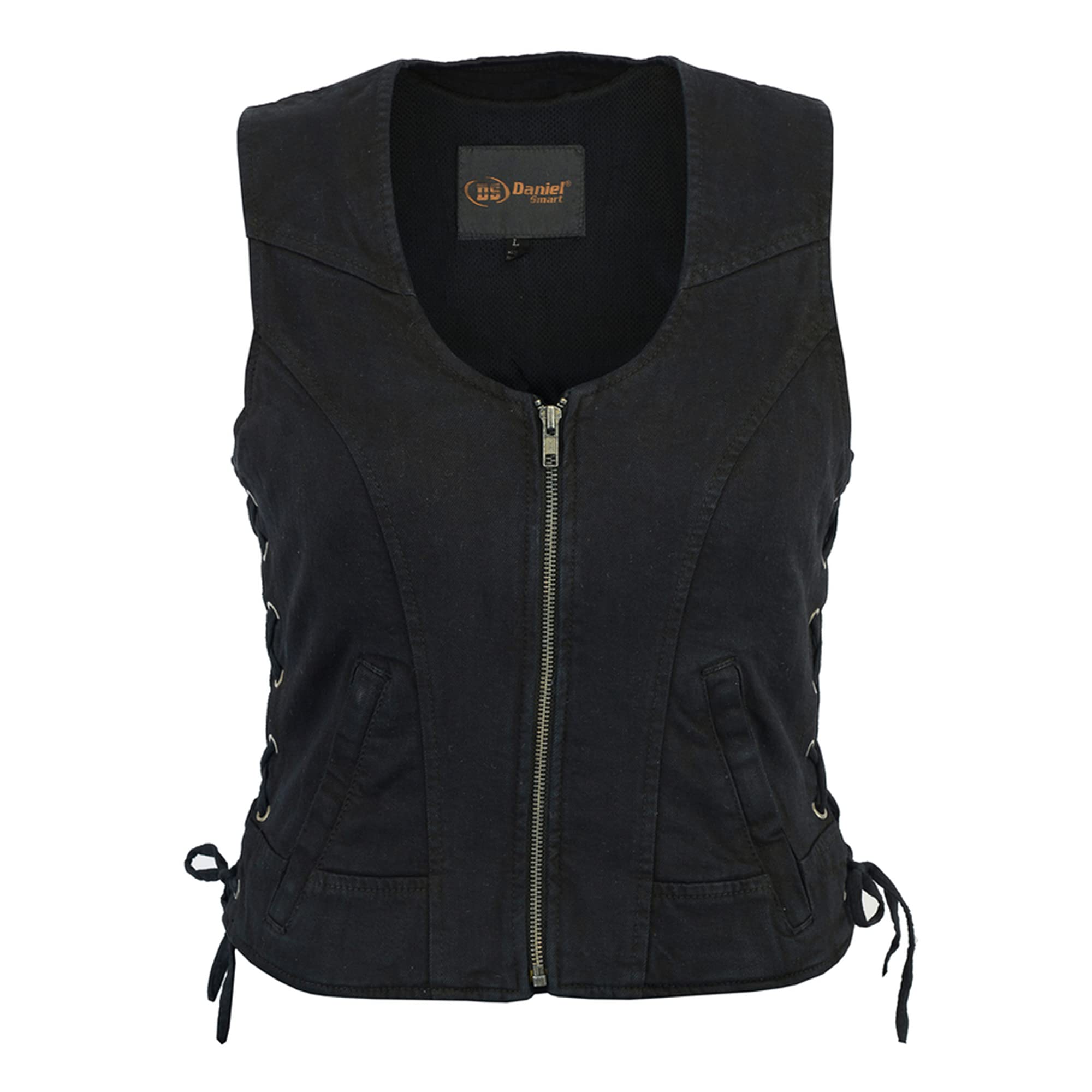 Daniel Smart Women's Black Denim Vest - Round Neck Motorcycle Jacket with Side Laces & Hidden Armory Pocket | Stylish Casual Wear, Biker Outfit, Fashion Outerwear