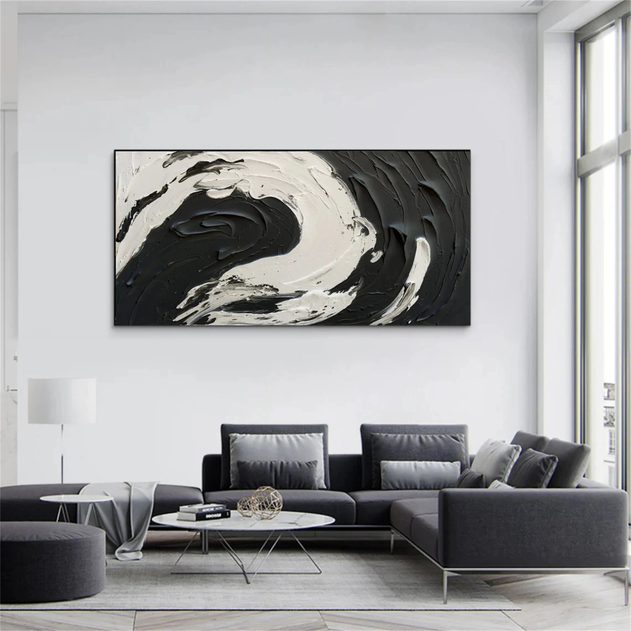 Black and White Textured Minimalist Wall Art Print - Modern Abstract Canvas Painting for Living Room, Bedroom & Office Decor #MZ052