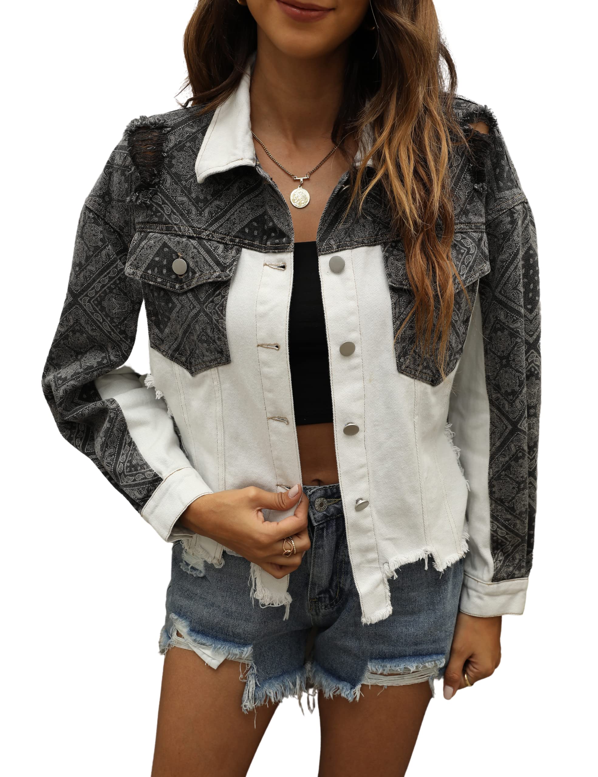 SeekMe Women's Distressed Ripped Denim Jacket - Fashion Crop Jean Trucker Jacket for Casual Outfits, Streetwear & Spring Layering