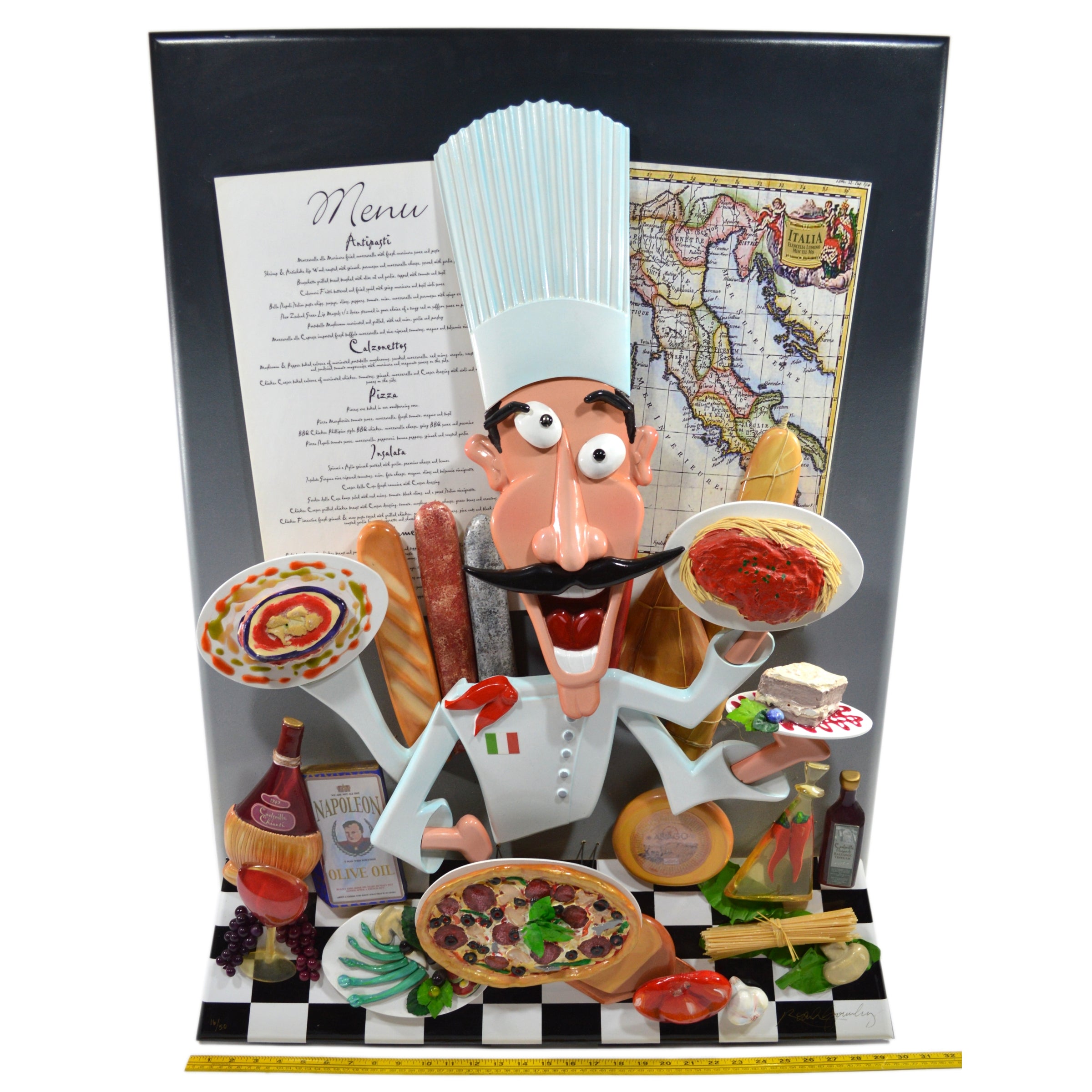 Original 3D Wall Sculpture Italian Chef by Roark Gourley - Handcrafted Restaurant Decor for Kitchen, Dining Room & Cafe Wall Art