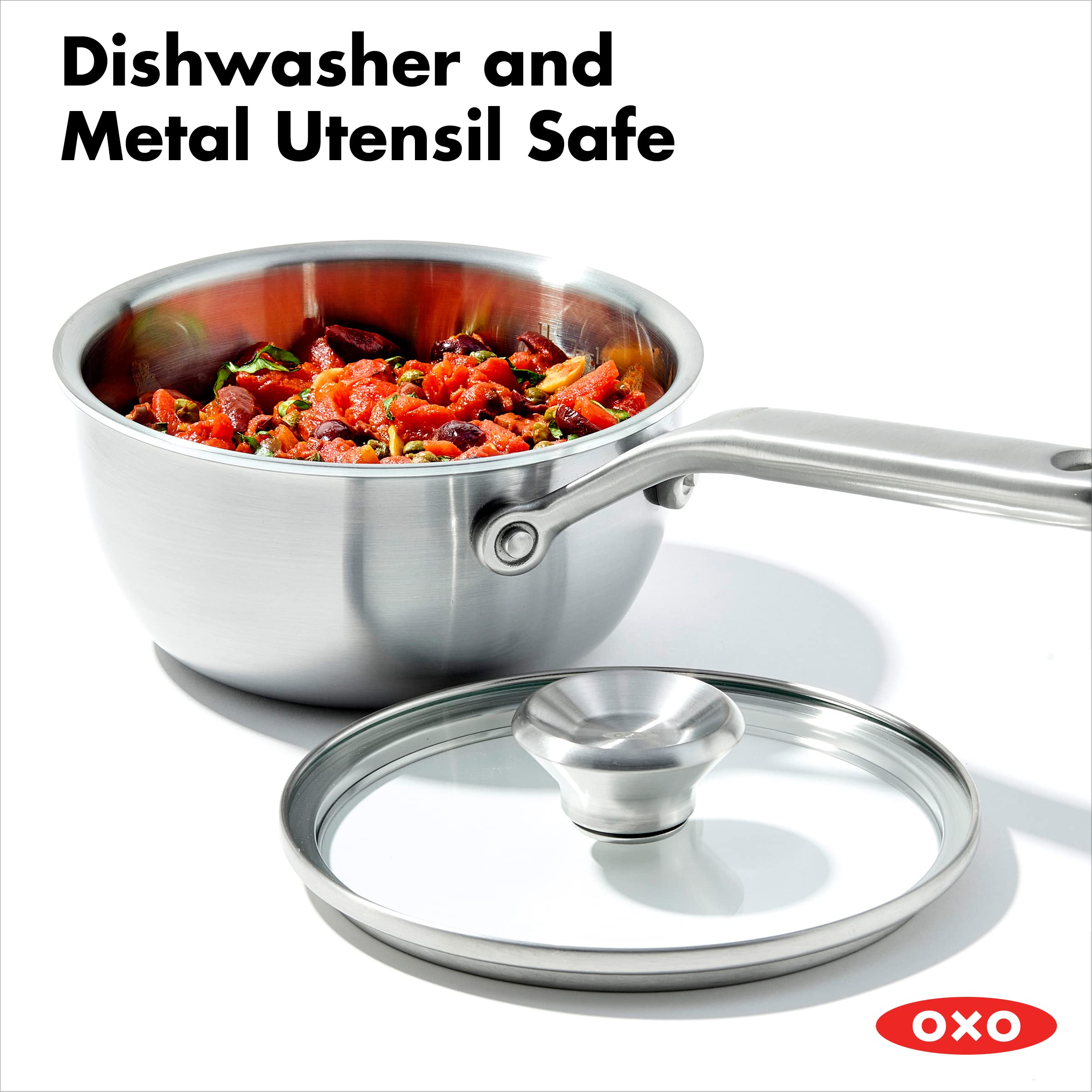 OXO Mira Tri-Ply Stainless Steel 1.5QT Covered Chef's Pan with Lid - PFAS-Free, Multi-Clad, Induction Compatible, Dishwasher & Oven Safe (Silver) - Perfect for Sautéing, Simmering & Serving Dishes