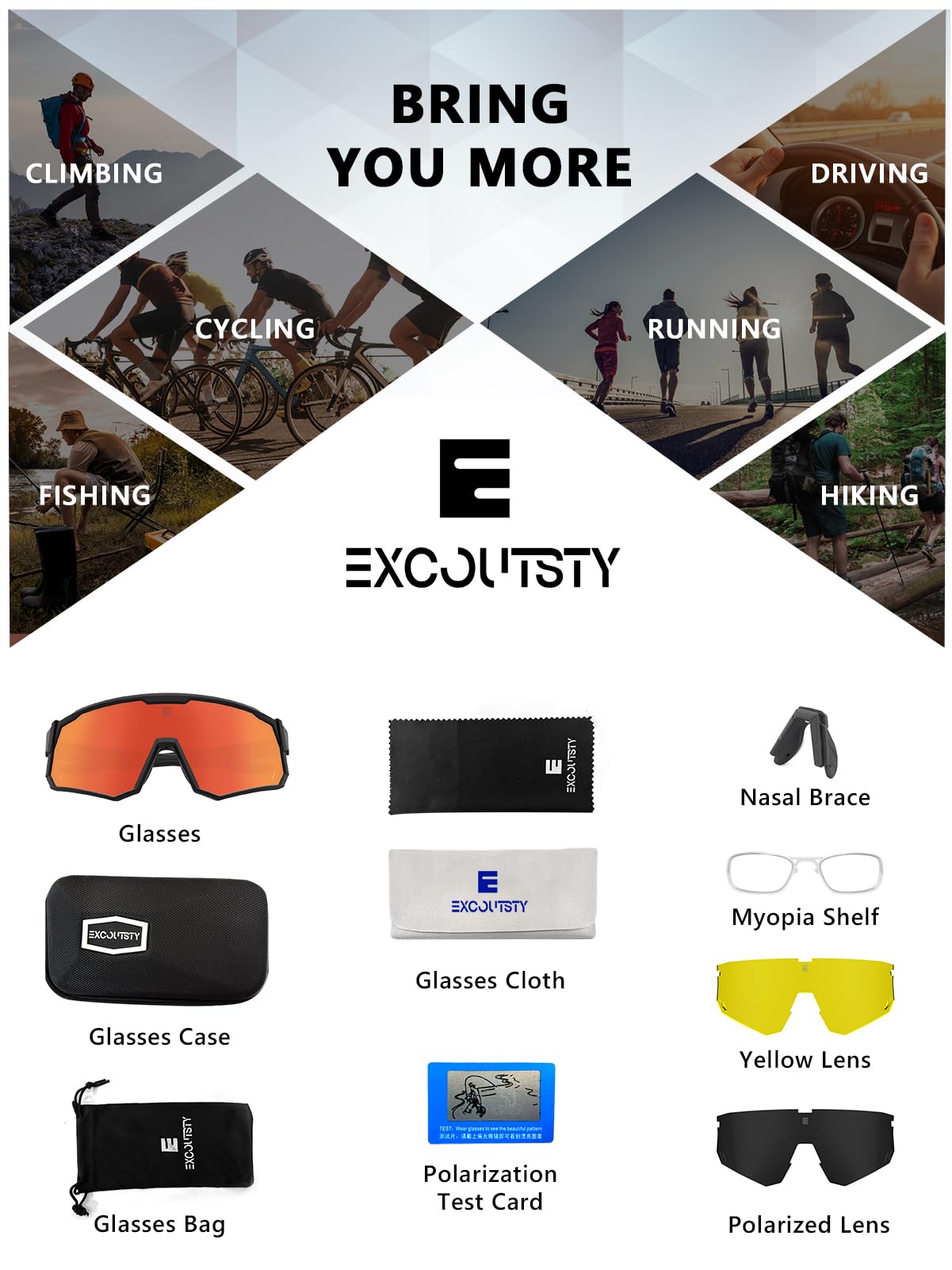 Excoutsty Polarized Sports Sunglasses for Men & Women - UV400 Protection, Windproof Cycling Glasses with 3 Interchangeable Lenses - Perfect for Running, Hiking, Fishing & Outdoor Activities