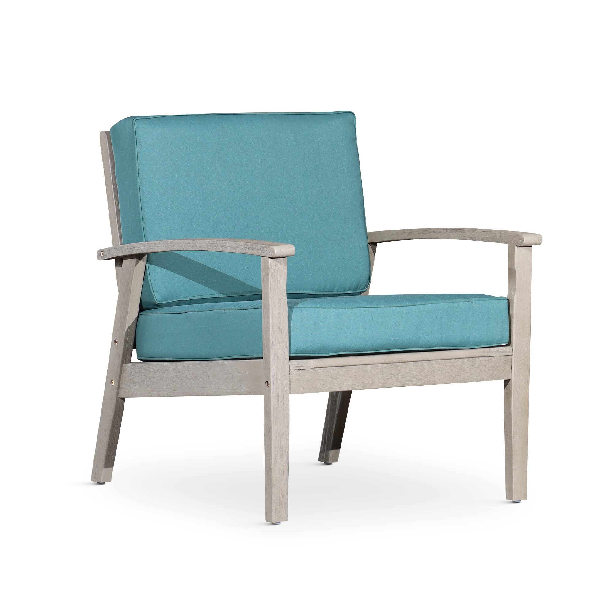 DTY Outdoor Living Longs Peak Deep Seat Eucalyptus Chair - Driftwood Gray Finish with Sage Cushions | Patio, Garden, Poolside & Backyard Relaxation Furniture