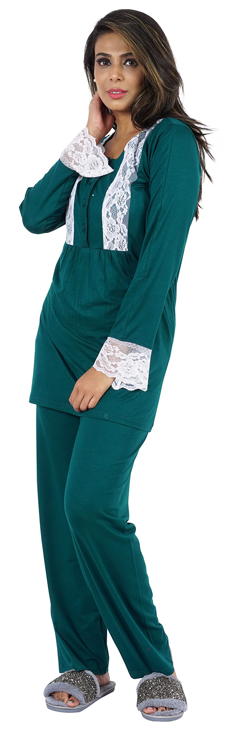 Bimba Women's 2-Piece Solid Nightwear Set - Lace Top & Pajama Pants for Comfortable Sleepwear & Lounge Wear at Home
