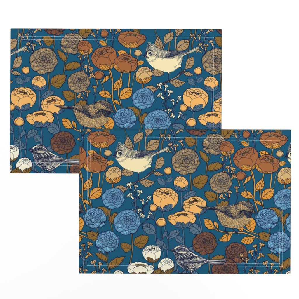 Premium Linen Cotton Canvas Placemats Set of 2 - Vintage Winter Garden Floral Print with Antique Birds & Peonies | Elegant Table Setting for Dining, Kitchen Decor & Holiday Entertaining