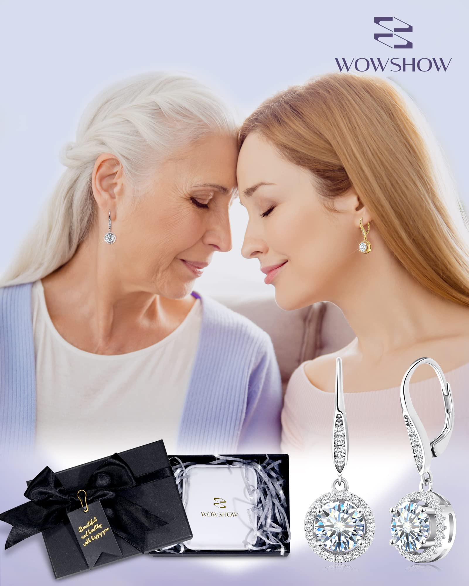 Wowshow 3ct & 4ct Moissanite Leverback Earrings for Women - 925 Sterling Silver Dangle Drop Earrings with Certificate | Perfect Birthday & Mother's Day Gifts | Elegant for Weddings, Parties & Special Occasions