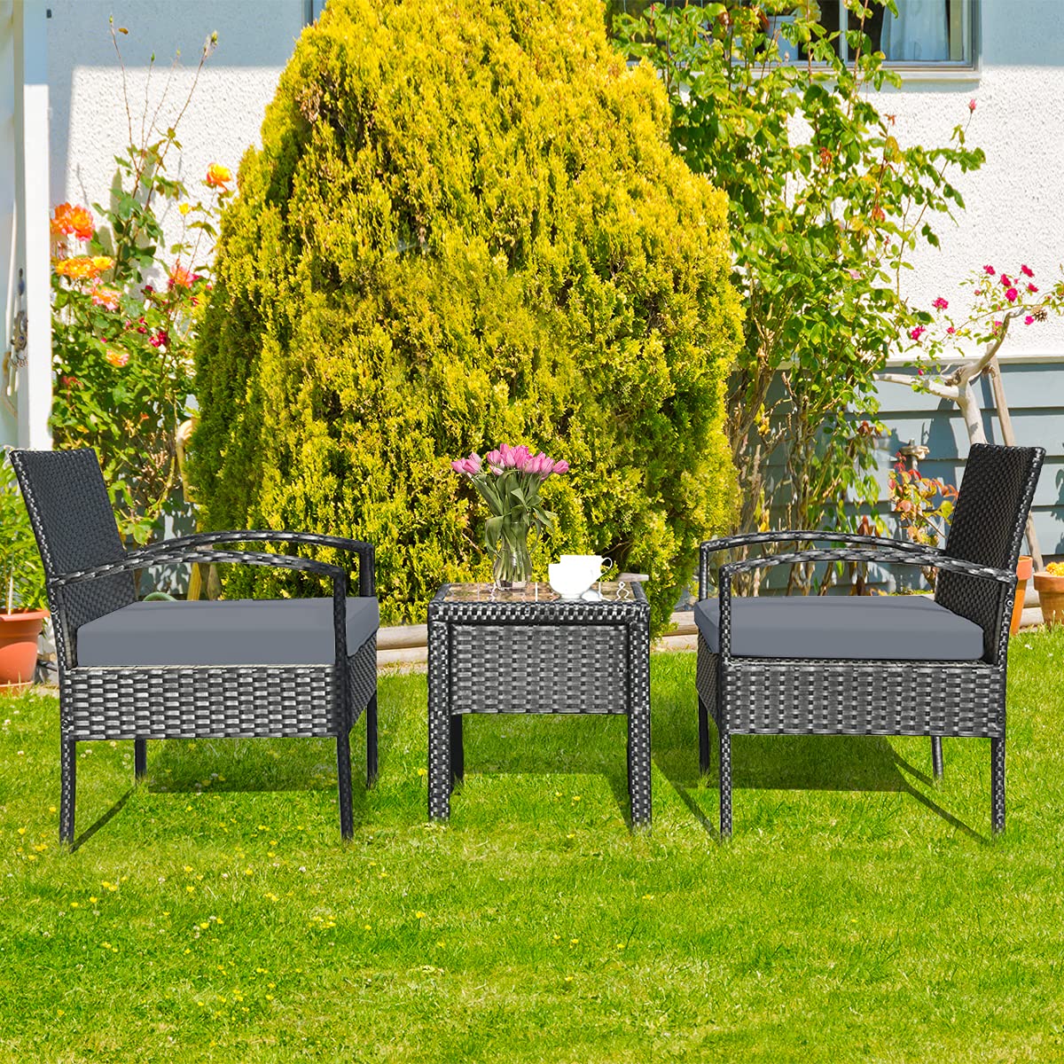 3-Piece Outdoor Patio Furniture Set - Rattan Wicker Conversation Chairs with Beige Cushions & Tempered Glass Coffee Table - Perfect for Backyard, Porch, Poolside, Garden, and Patio - Gray Weather-Resistant Set