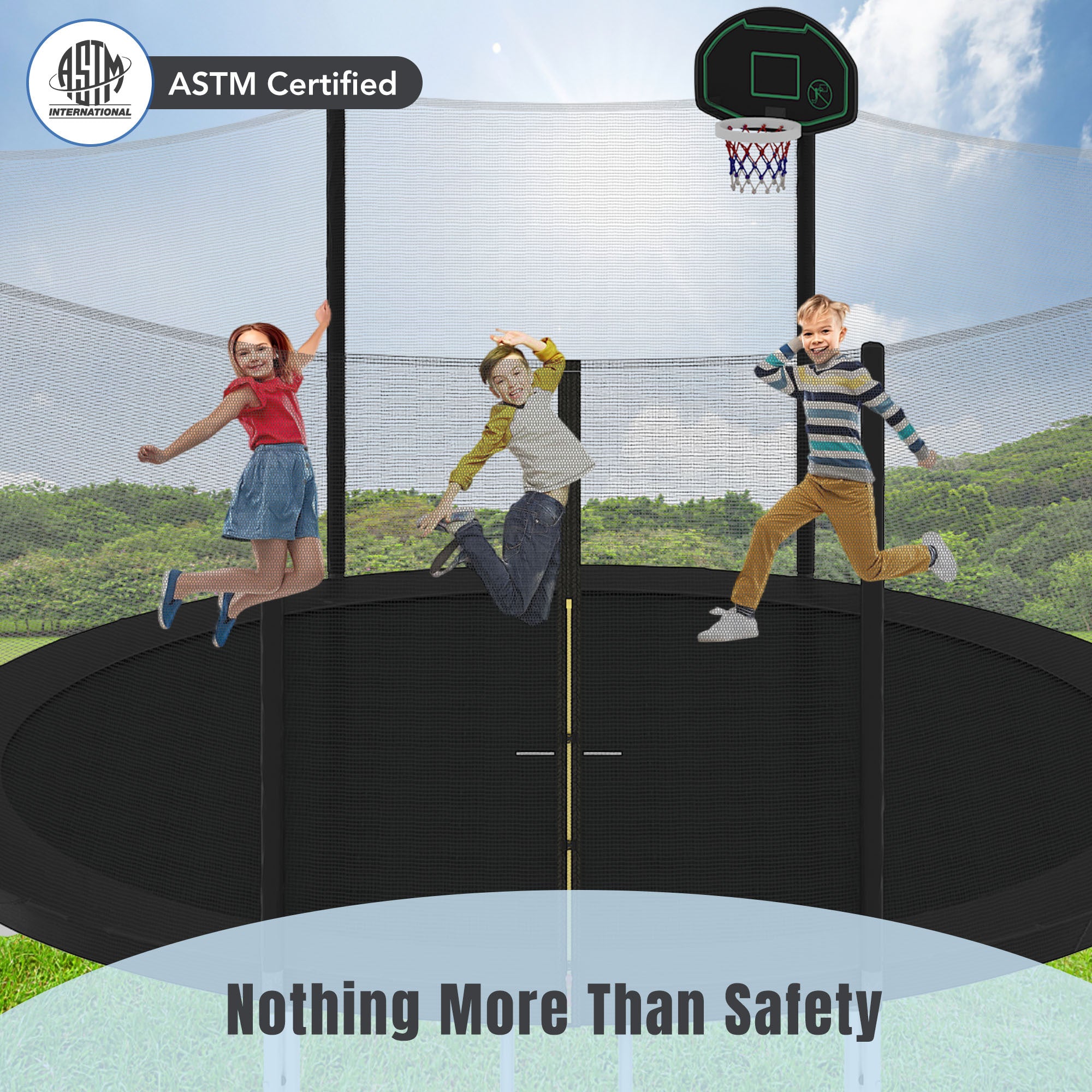 14FT Trampoline for Kids with Safety Enclosure Net, Basketball Hoop & Ladder - Easy Assembly Outdoor Trampoline for Backyard, Garden & Playground Fun